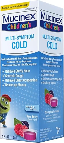 Miniatura 10 de Mucinex Líquido de alivio del resfriado multisíntoma para niños, alivia la congestión nasal, la congestión del pecho, la tos y el moco, expectorante