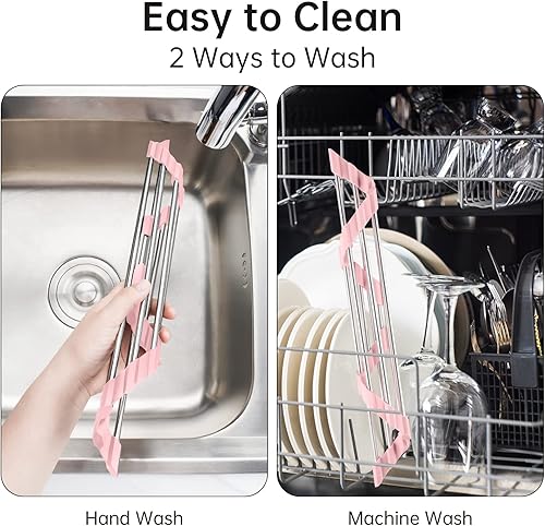 Miniatura 5 de Tomorotec Escurreplatos plegable triangular, pequeño escurridor de acero inoxidable enrollable sobre fregadero para esquina del fregadero de cocina,