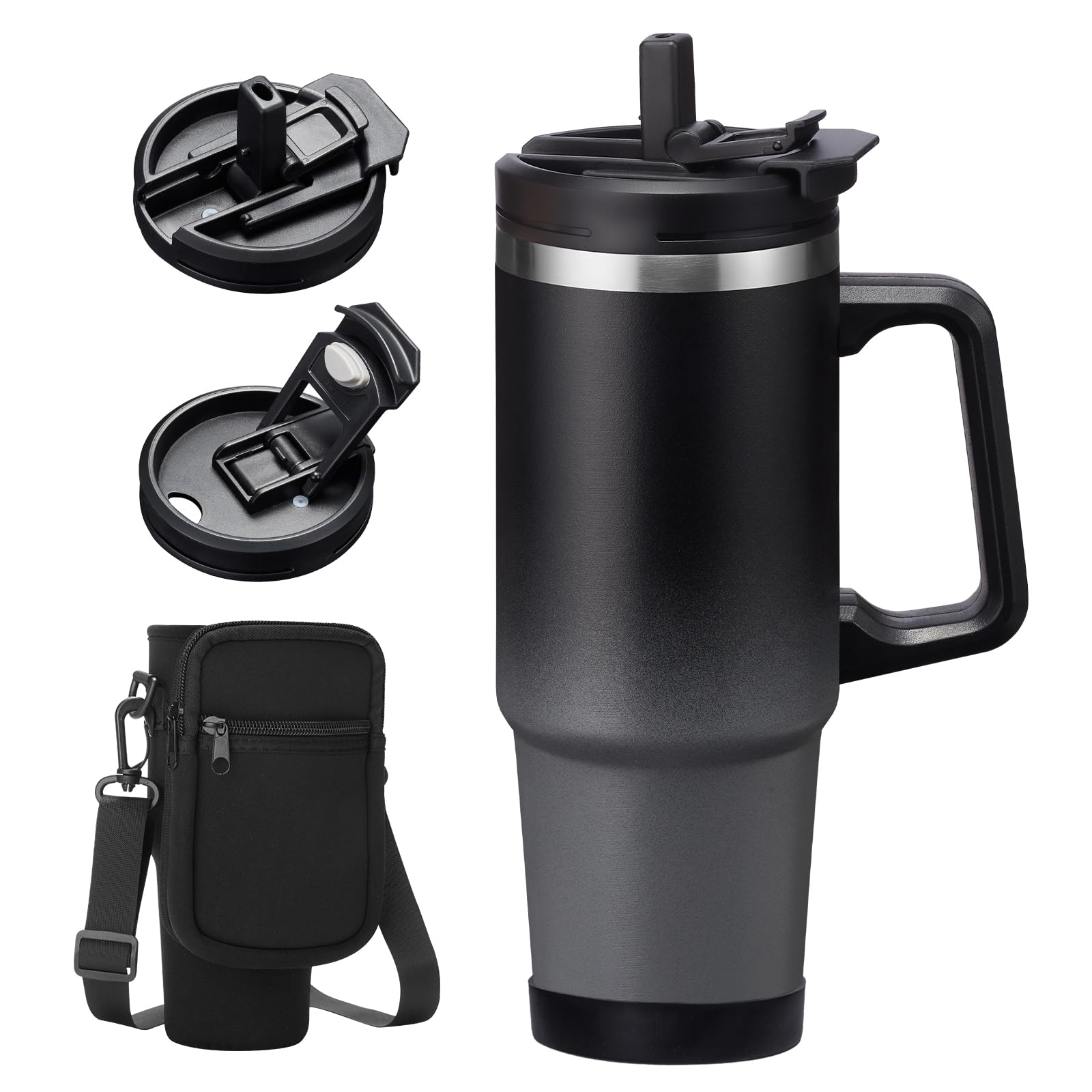 30 OZ Stainless-steel Tumblers with Lid and Straw - Travel Coffee Tumbler Mug with Handle, Silicone Boot & Bottle Strap Sleeve, Insulated Water