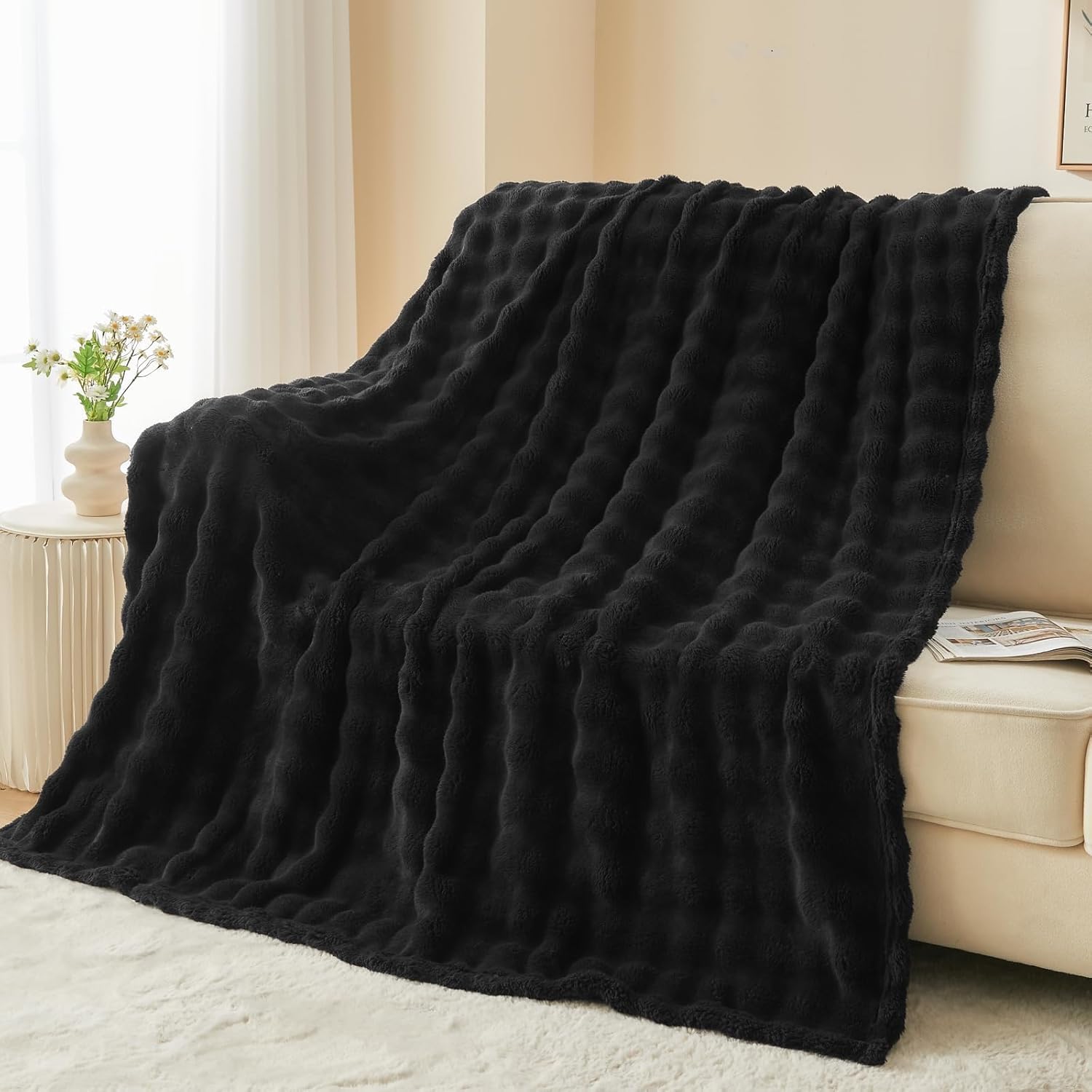Wajade Fluffy Flannel Blanket Black Faux Fur Bed Throw Super Soft Warm Large Blanket for B...