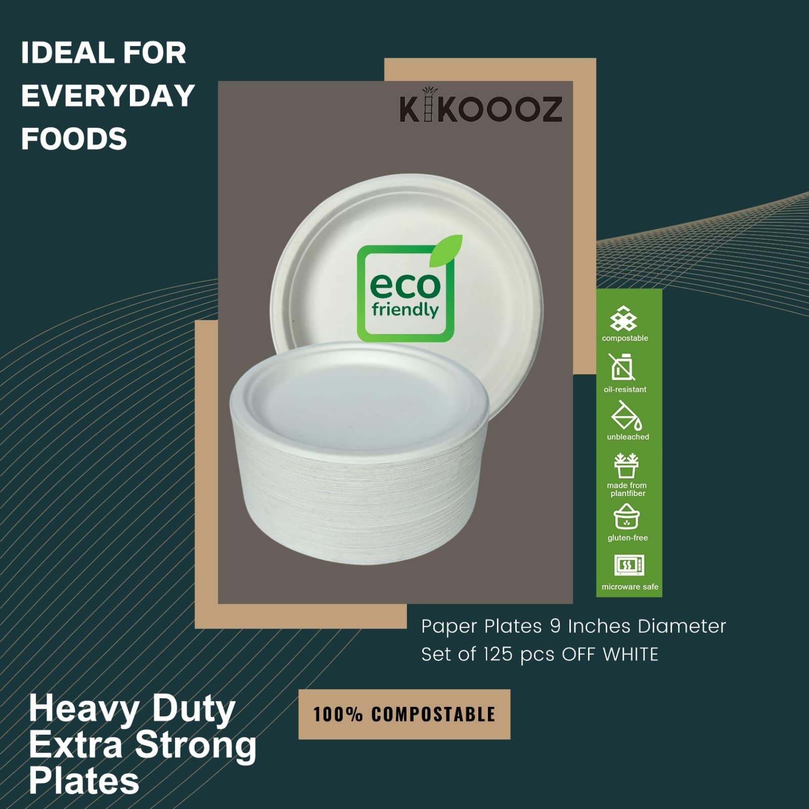 KIKOOOZ 100% Compostable Heavy-Duty 9 INCH (125 pack) Disposable White Paper Plates (Bagasse) Made of Natural Sugarcane Fibers Eco-Friendly