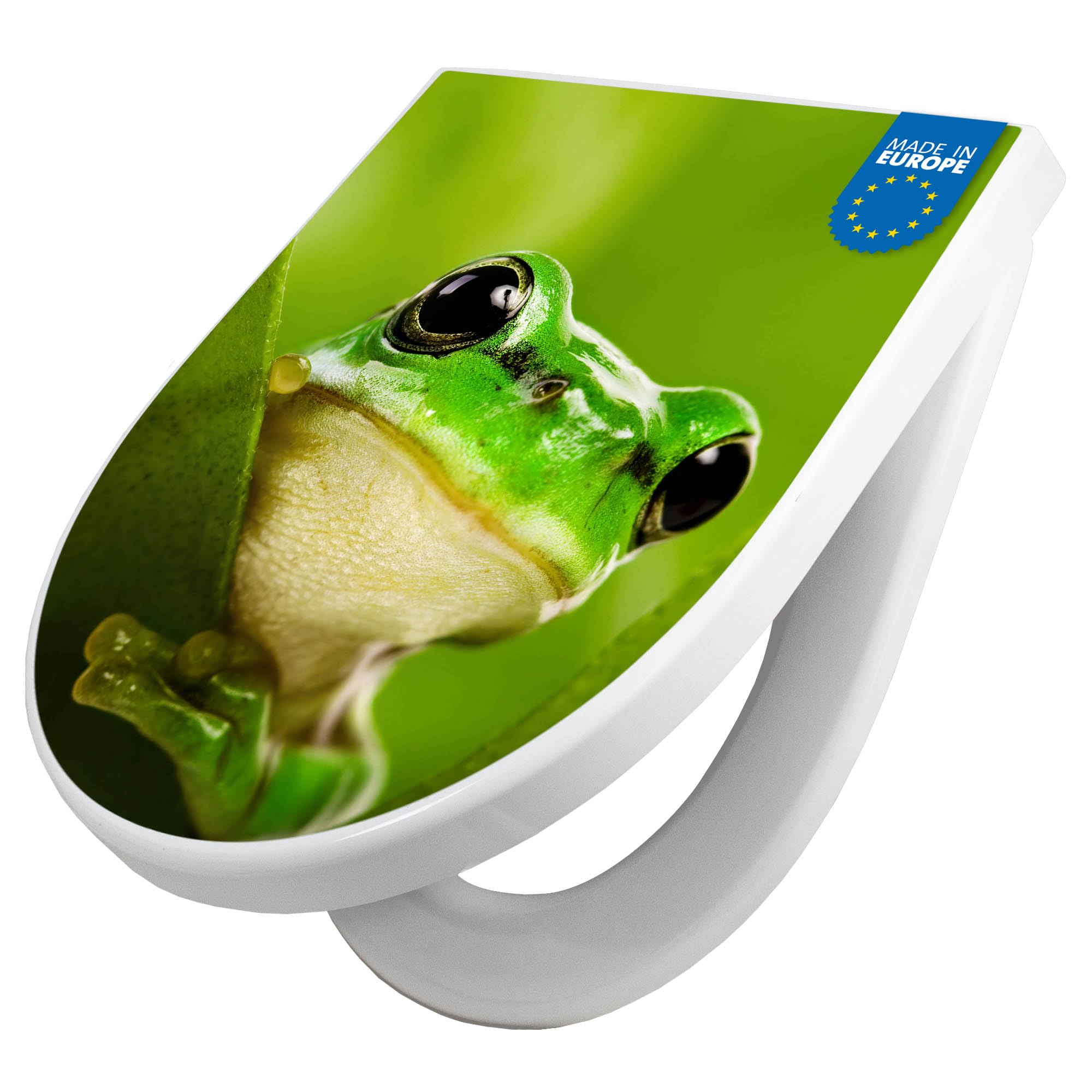 banjado WC Sitz mit Absenkautomatik D Form - Toilettendeckel mit Absenkautomatik D Form - Klodeckel Softclose - stabile Klobrille - Toilettensitz Weiß - Motiv Frosch