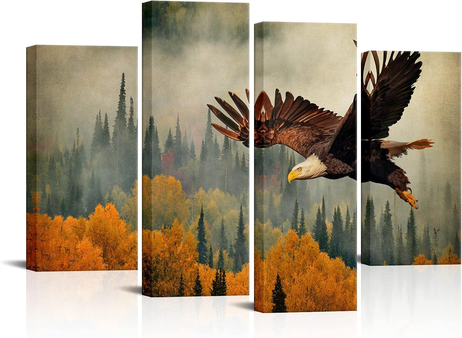 Conipit Forest Canvas Wall Art Autumn Misty Foggy Tree Picture Bald Eagle Painting Vintage Farm Decor Framed 48''x32''