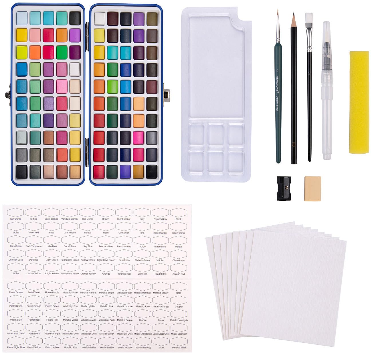 Künstler-Aquarellfarben: 4 Aquarellfarben-Sets mit je 100 Farben, Metallbox, 3 Pinsel, Papier (Farbenkästen, Malfarbe)