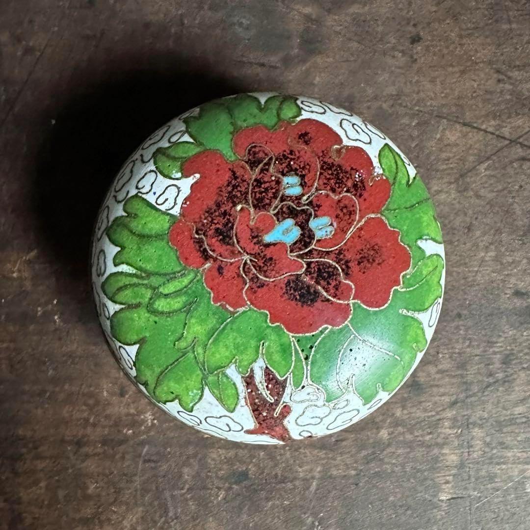 中国美術 美しい七宝焼き牡丹図紋 古い景泰藍書道印合 茶道御香合 精製細工 香合