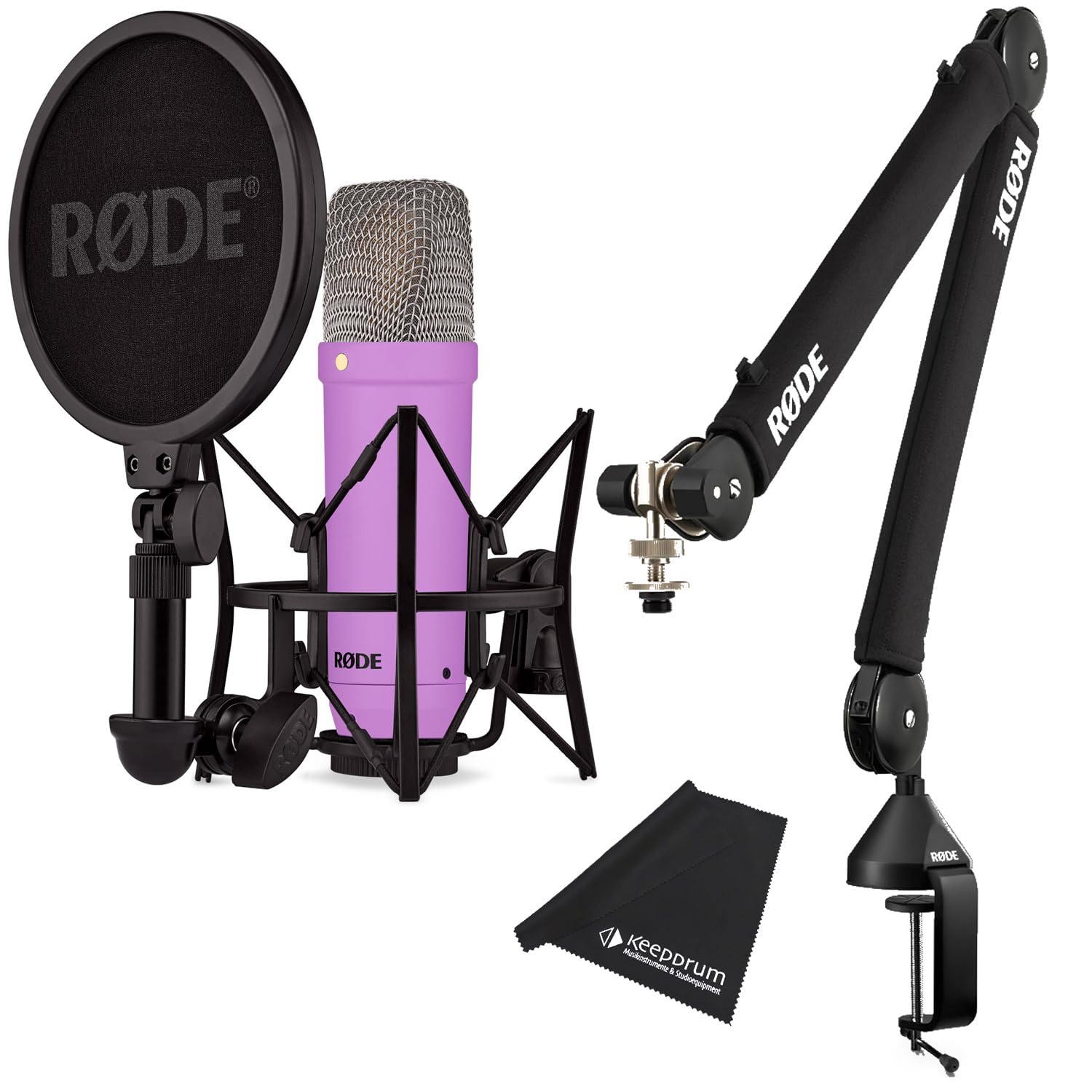 Rode NT1 Signature Purple Studio-Mikrofon Lila + PSA-1 Plus Gelenkarm-Stativ Schwarz + keepdrum Mikrofasertuch