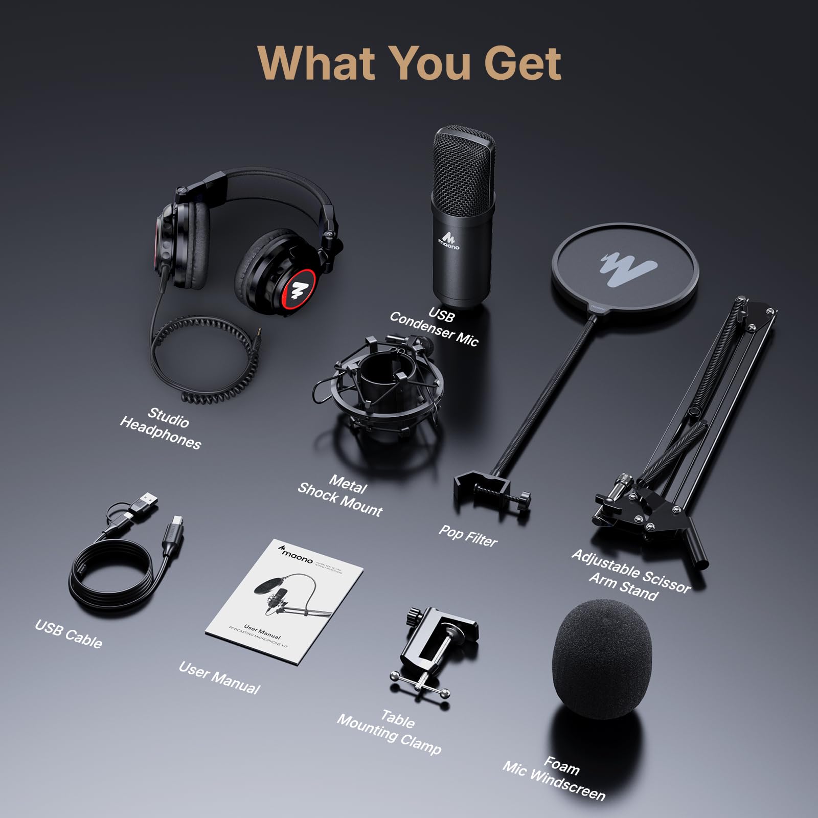 MAONO Microphone with Studio Headphone Set 192kHz/24bit Vocal Condenser Cardioid Podcast Mic Compatible with Mac and Windows, YouTube, Gaming, Live Streaming, Voice-Over (AU-A04H)