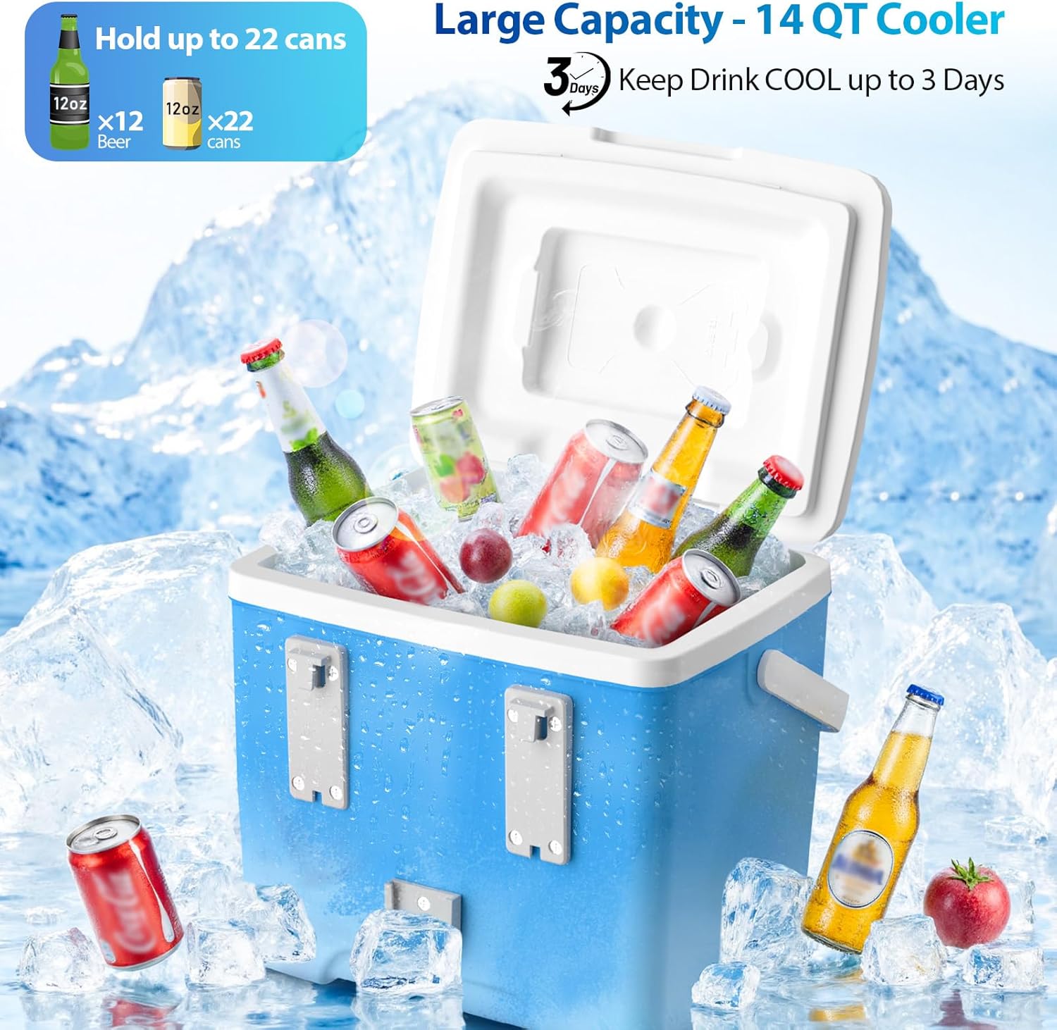Pool Cooler with Pool Cup Drinks Holders, Above Ground Swimming Pool Accessories, Poolside Portable Cooler 14QT, for 3 inches or Less Round Top Bar