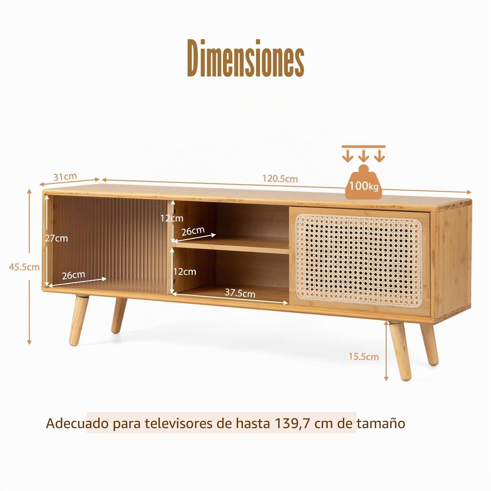 KOMFOTTEU Mueble de TV de Bambú, Soporte para TV con Puertas Deslizantes de Ratán y de Cristal, Centro de Entretenimiento con Estante Ajustable, para TV de hasta 55", 120,5 x 31 x 45,5 cm