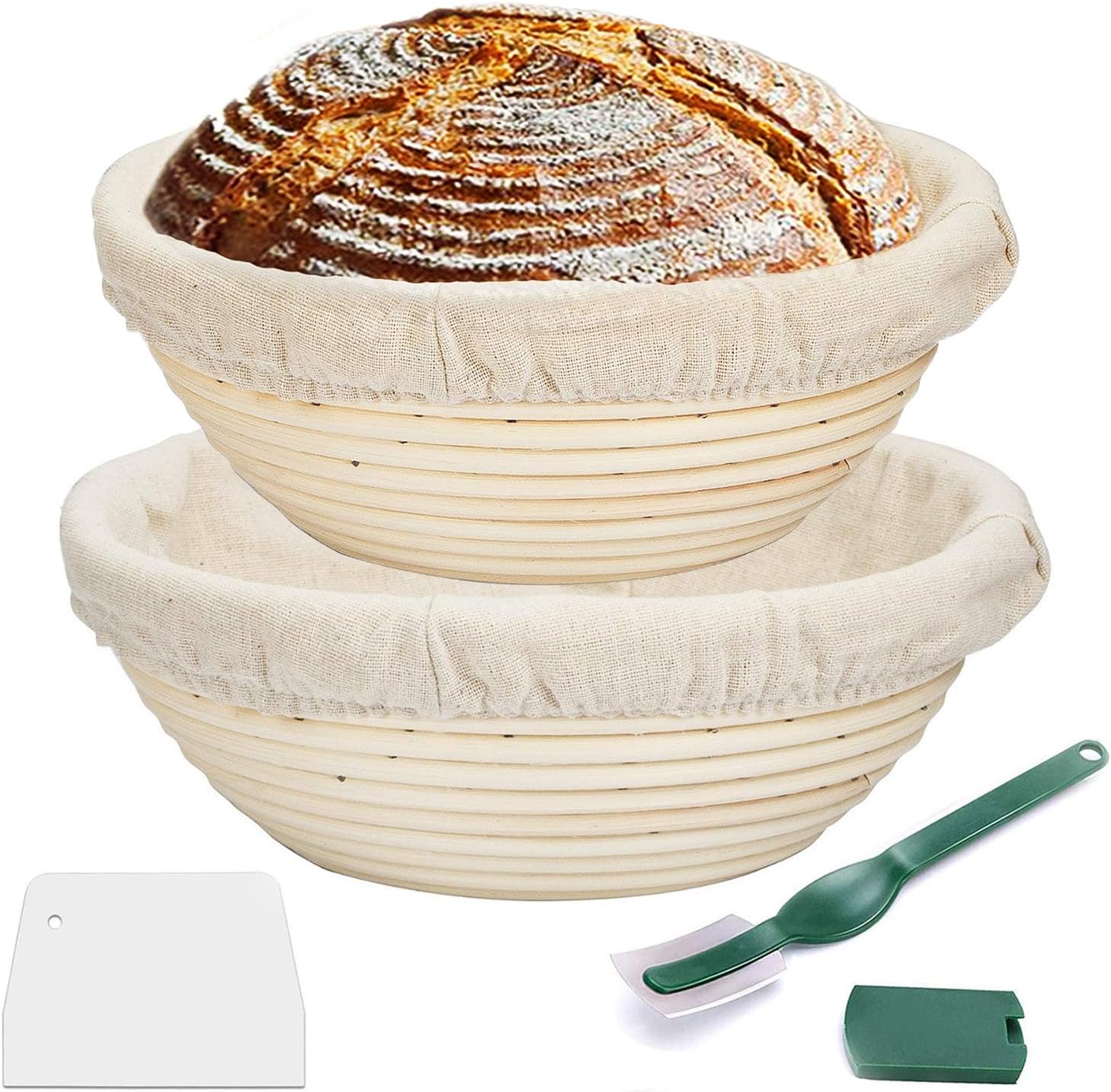 Proofing Basket 9 Inch + 10 Inch,WERTIOO Bread Proofing Basket + Bread Lame +Dough Scraper+ Linen Liner Cloth for Professional & Home Bakers (2)