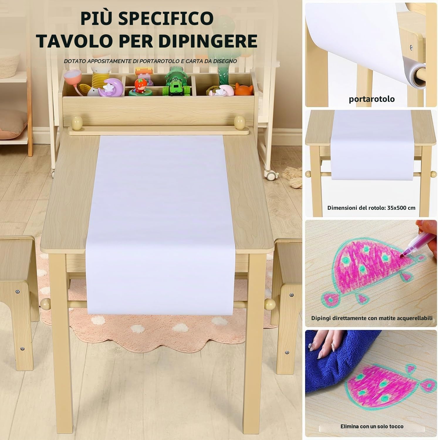 MAMIZO Tavolo per Bambini con 2 PCS Sedie, Tavolo in Legno con Rotolo di Carta, Mobile Montessori per Bambini 3-8 Anni, Ideale per Pittura/Leggere/Mangiare/Giocare, Montaggio Semplice Giallo