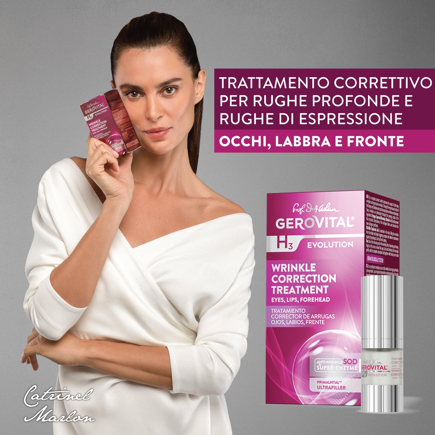 Siero Antirughe Contorno Occhi, Labbra e Fronte con Acido Ialuronico e Vitamina A ed E, Riduce le Rughe Profonde, Migliora l’Elasticità della Pelle, Gerovital H3 Evolution,15 ml