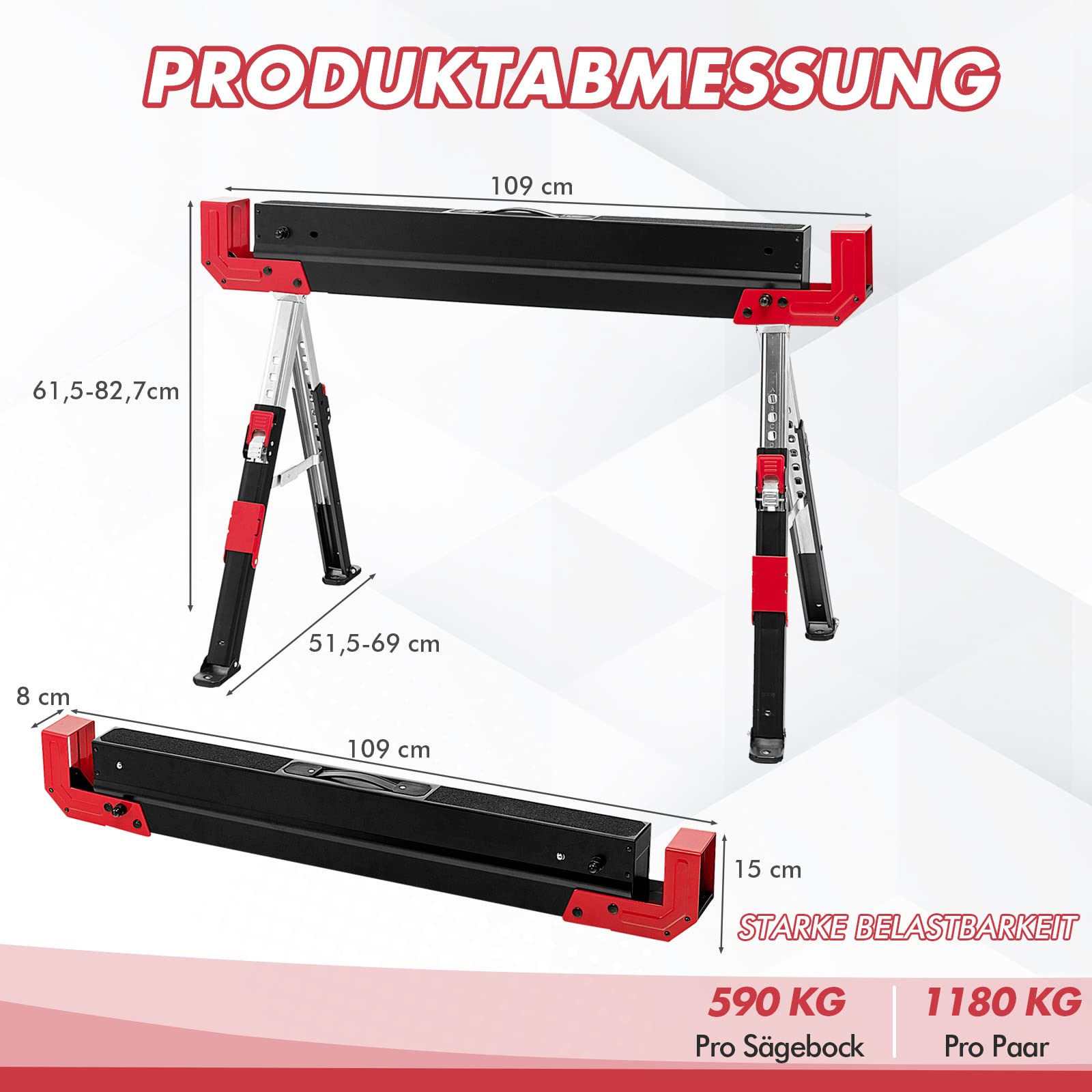 GYMAX 2er Set Sägebock höhenverstellbar 61,5–82,7 cm, tragbarer Arbeitsbock bis 1180 kg belastbar, klappbarer Unterstellbock, Werkstattbock mit Anti-Rutsch-Auflage & Tragegriff, Schwarz+Rot