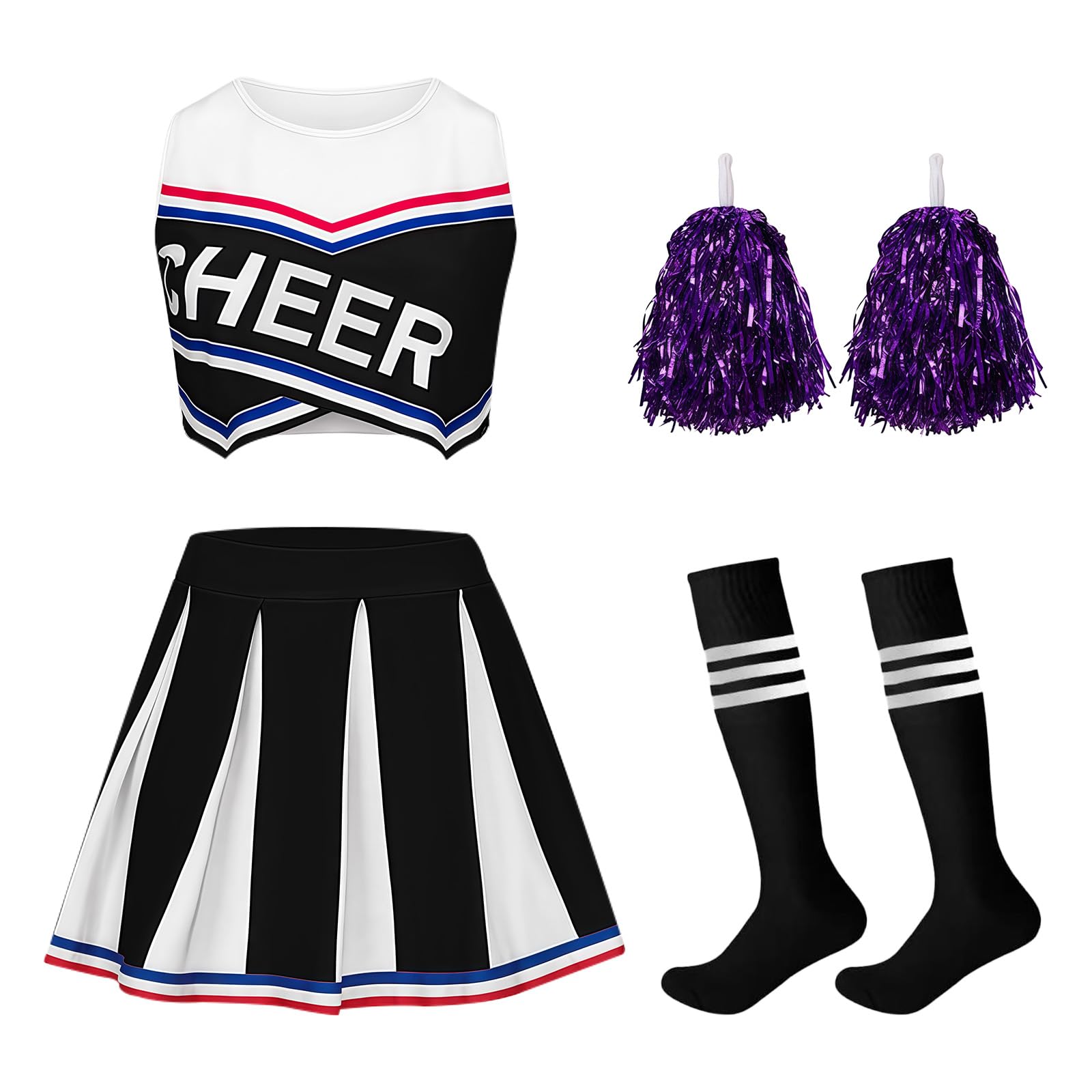 JoyinTcos Kids Cheerleader Costume, 4PCS Child Cheerleader Outfit with Pom Poms and Socks, Headwear Cheer Costume Carnival Halloween Fancy Dress (black, XXL)