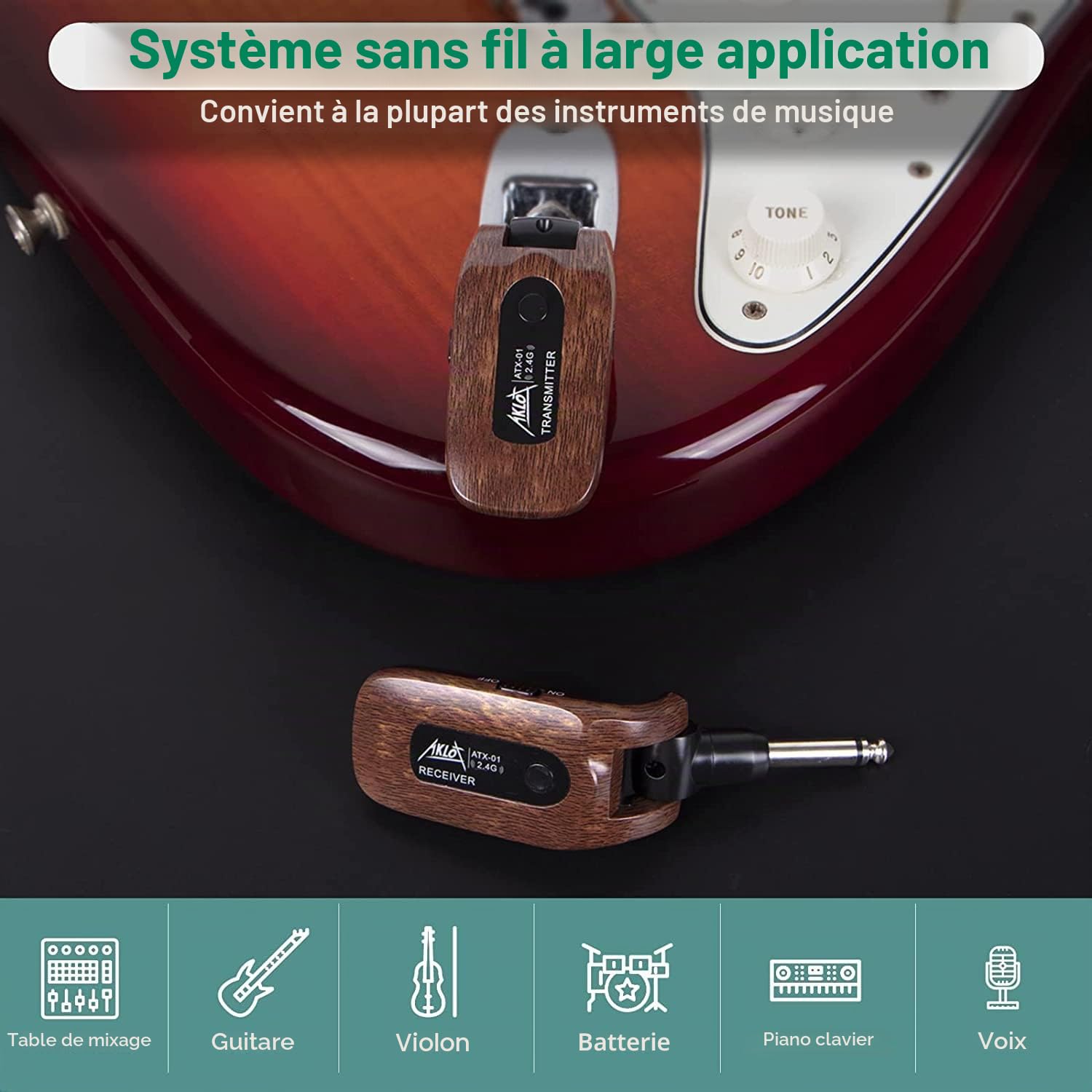 AKLOT Système de Guitare sans Fil Émetteur Récepteur Ensemble de 2,4 GHz de Batterie au Lithium Rechargeable intégrée numérique pour Basse de Guitare électrique