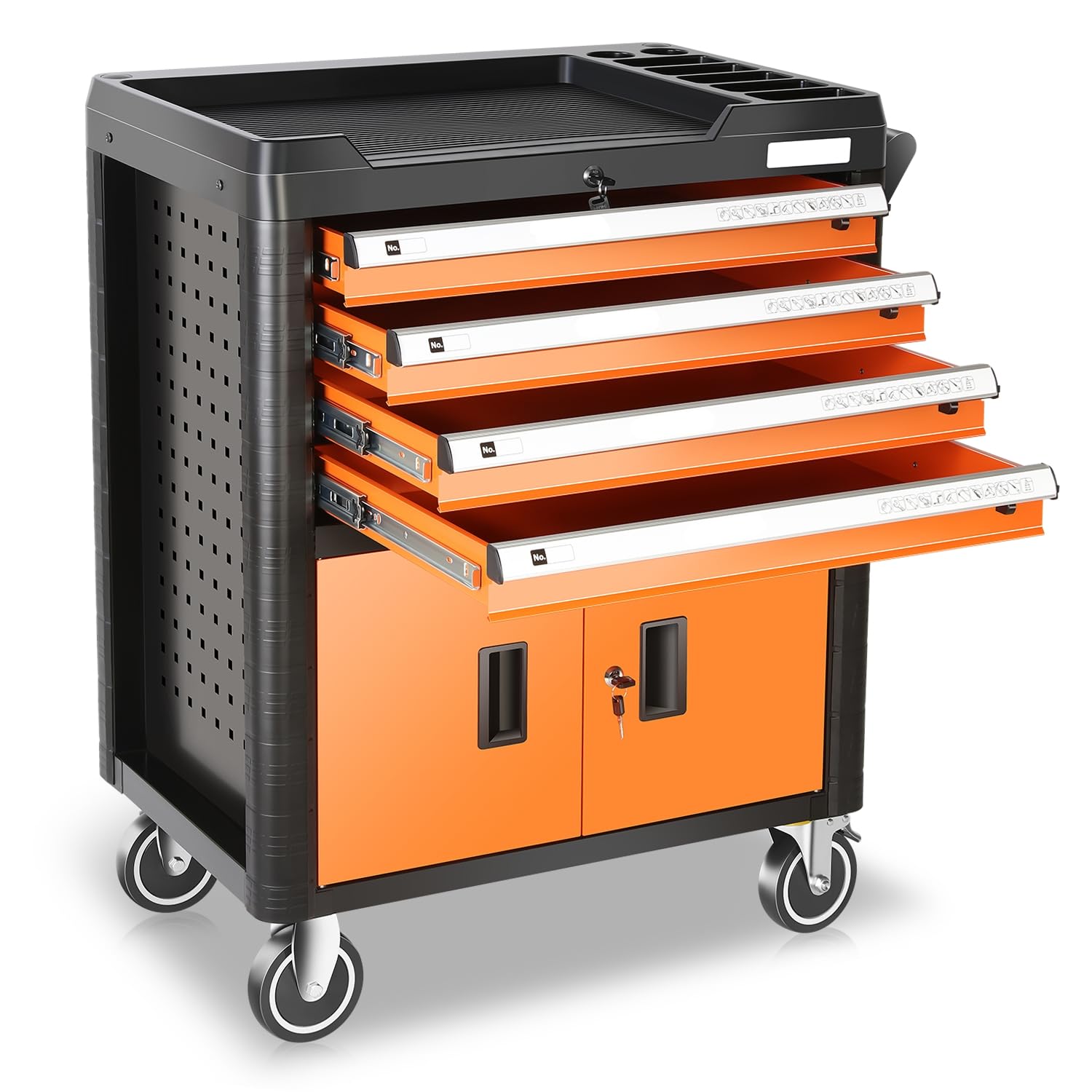 Auto Dynasty Universal Max 440 Lbs Orange 4 Drawer Plastic Top Tray Powder-Coated Steel Roller Cabinet for Garage Warehouse Home Office Workshop Repair Tools