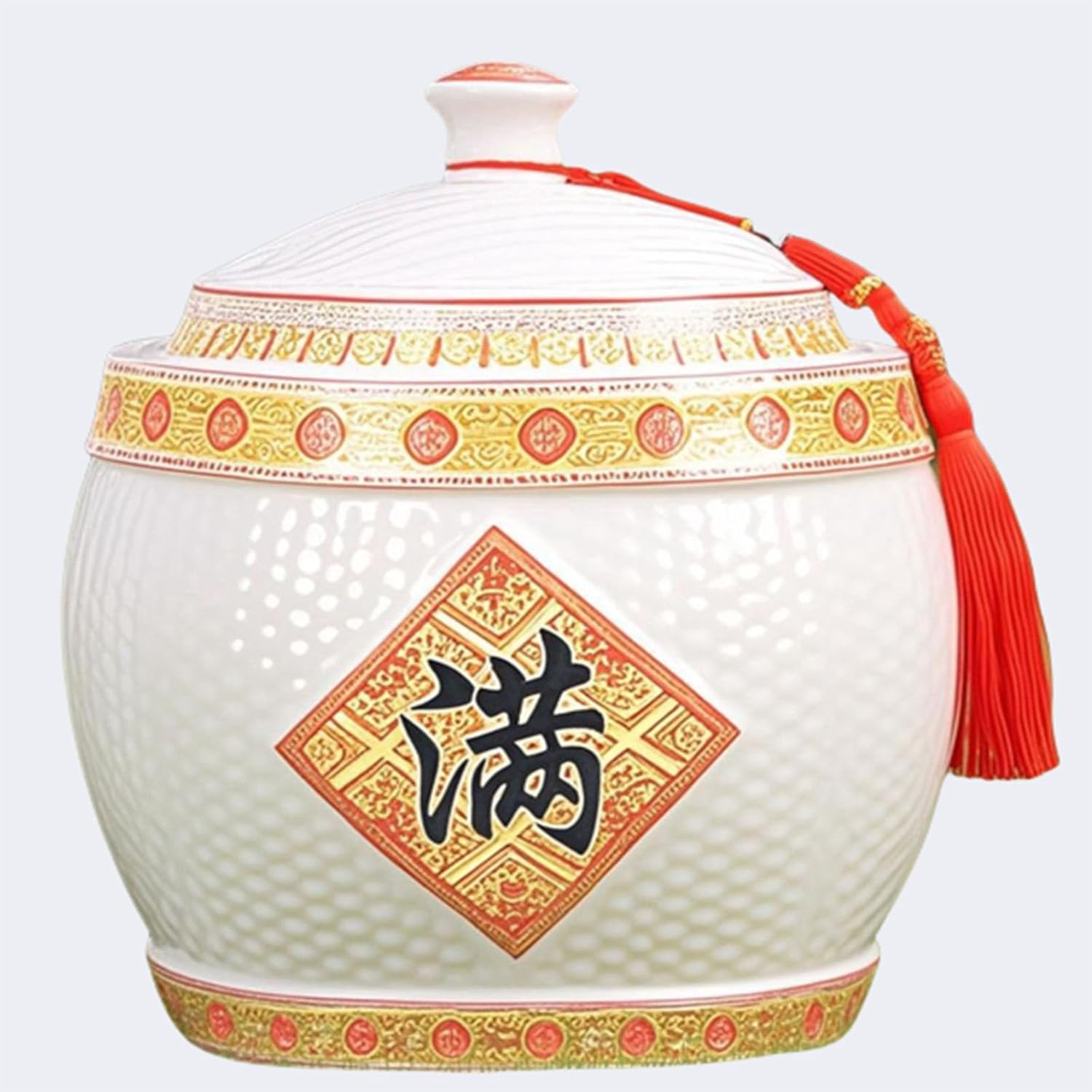 Ceramiczny słoik na ryż z pokrywką, chińskie ceramiczne wiadro do ryżu z frędzlami, hermetyczny słoik na ryż o dużej pojemności, pojemnik na płatki owsiane, pojemnik na ryż, dozownik płatków