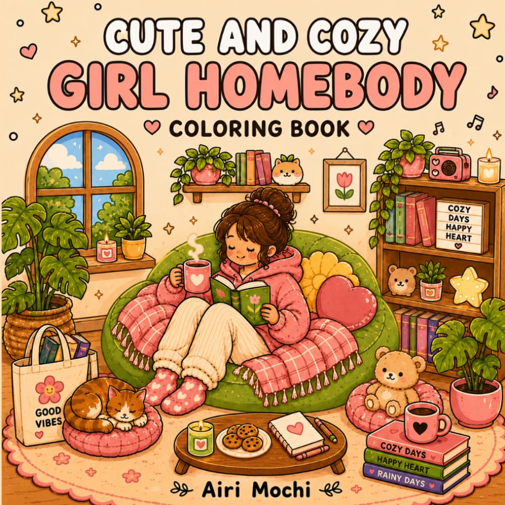 Cute and Cozy Girl Homebody Coloring Book: 50 Adorable Cute Coloring Pages for Adults and Teens, Bold & Easy Designs With Simple Illustrations for Self-Care & Relaxation