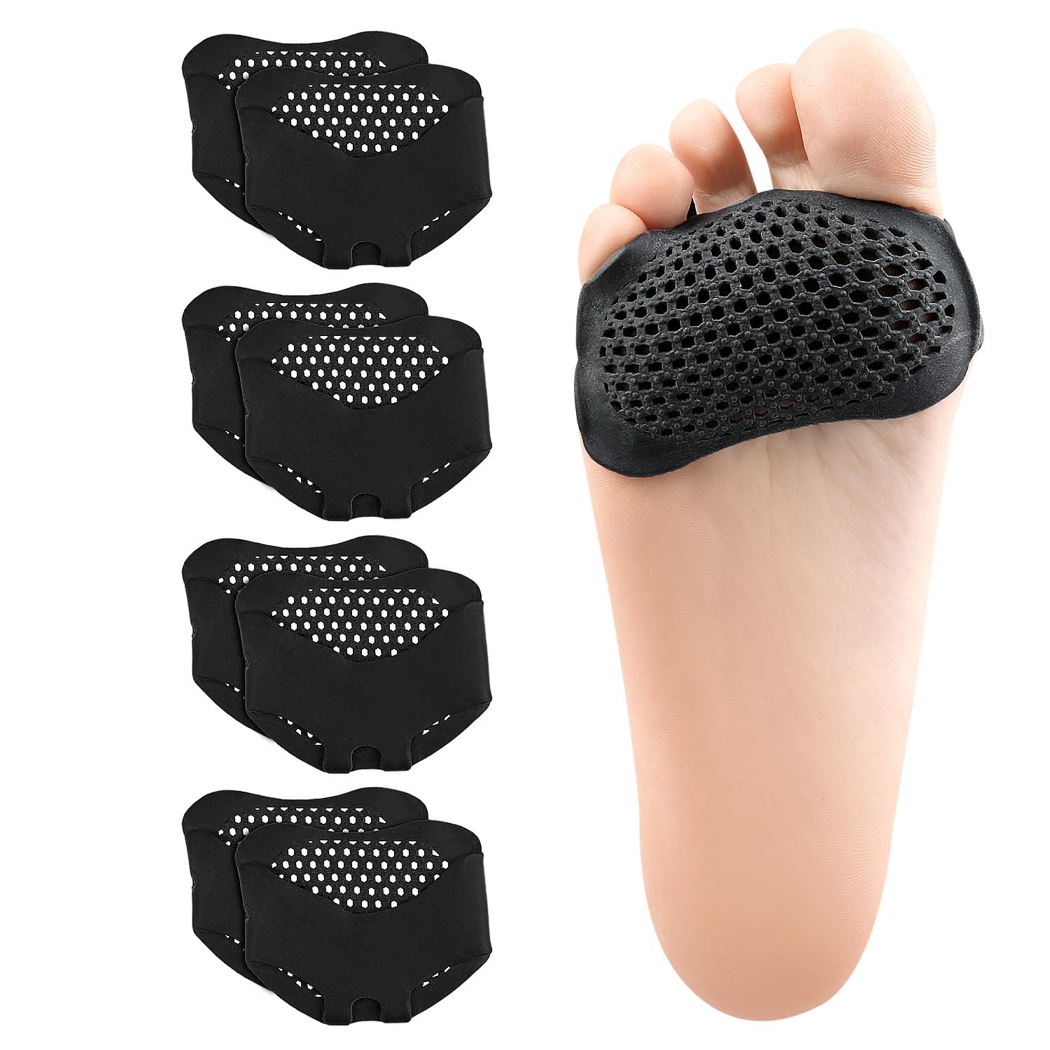 Metatarsal Pads 4 Pairs Ball of Foot Cushions, Soft Gel Foot Pads Ball of Foot Cushions Metatarsalgia Pain Relief for Women and Men Breathable Honeycomb Forefoot Cushion (Black)