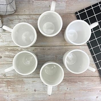 Hoikwo 12oz / 380ml Coffee Mugs Set of 6, White Bone China Mugs with Relief Pattern for Coffee, Tea, Latte, Milk, Cocoa, Juice and Other Hot Drinks