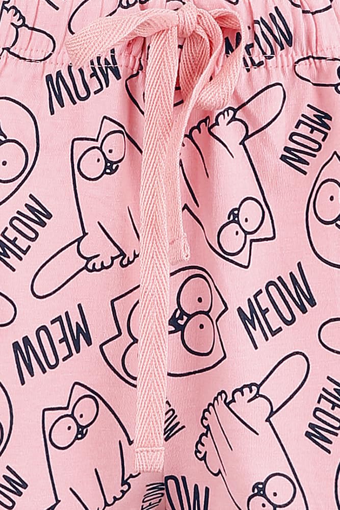 Simon' s Cat Meow Donna Pigiama Bianco/Rosa 100% Cotone