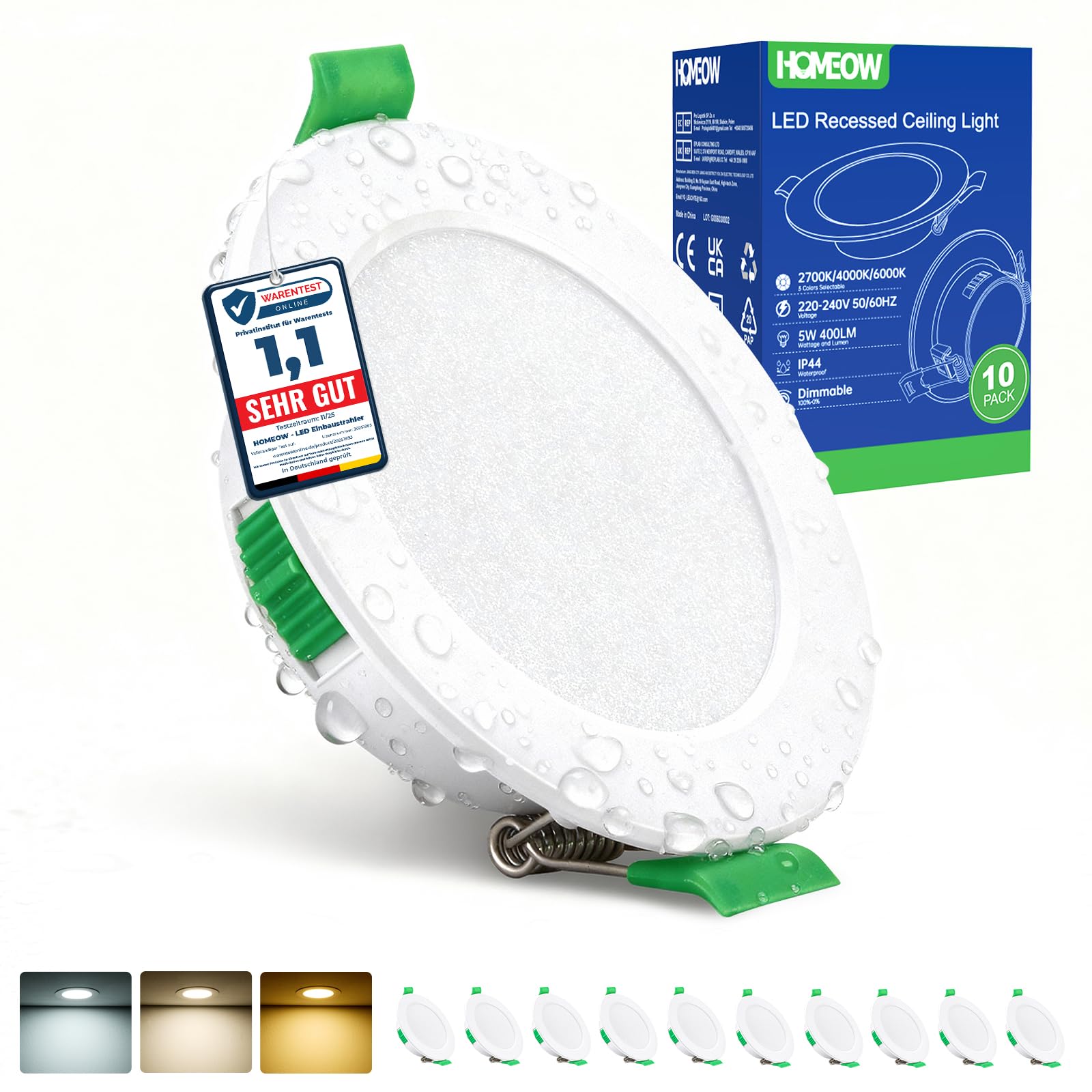 HOMEOW LED Einbaustrahler 230V, 5W 400LM LED Spot 68mm - 80mm Lochmaß, IP44 Warmweiß Neutralweiß Kaltweiß Deckenspots, 24mm Ultra Flach Einbauleuchten für Badezimmer Küche, 10er Set