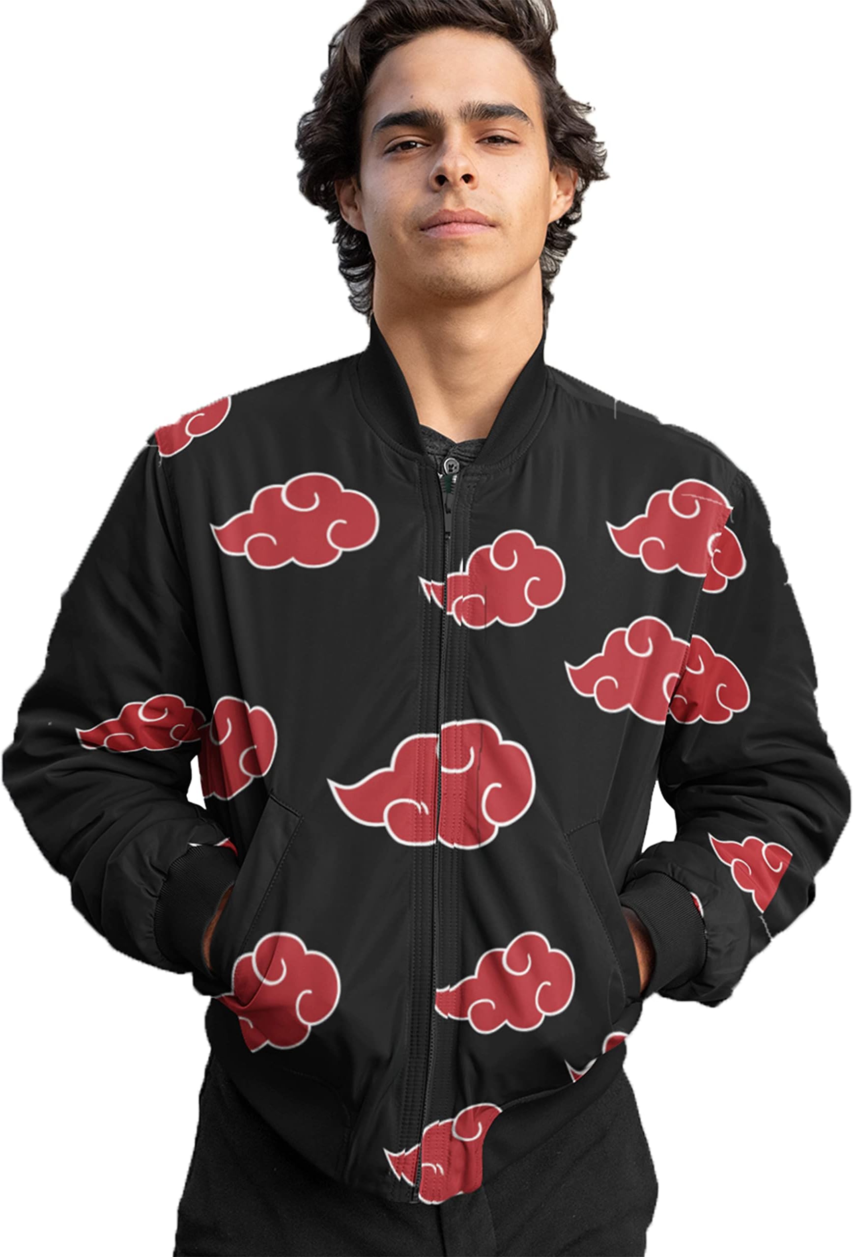 Naruto Akatsuki Red Clouds Costume Coat Anime Bomber Zipper Jacket | Unisex Style | Derby at Wrist and Waistband