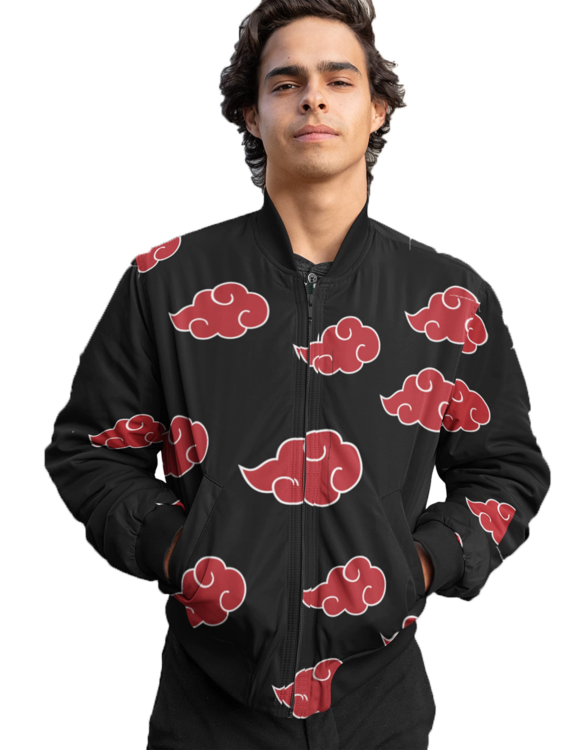 BienesMartNaruto Akatsuki Red Clouds Costume Coat Anime Bomber Zipper Jacket | Unisex Style | Derby at Wrist and Waistband (XS - Extra Small)