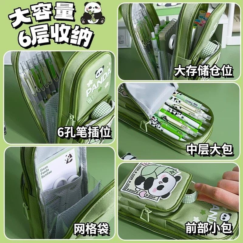 Image of DEOXY Green Panda Pencil Case 6 Layer with 3 Compartment Cute Aesthetic Pencil Case for Boys & Girls Large Capacity Pencil Pouch for School Kids Cute Stationary Gift Organizer for School