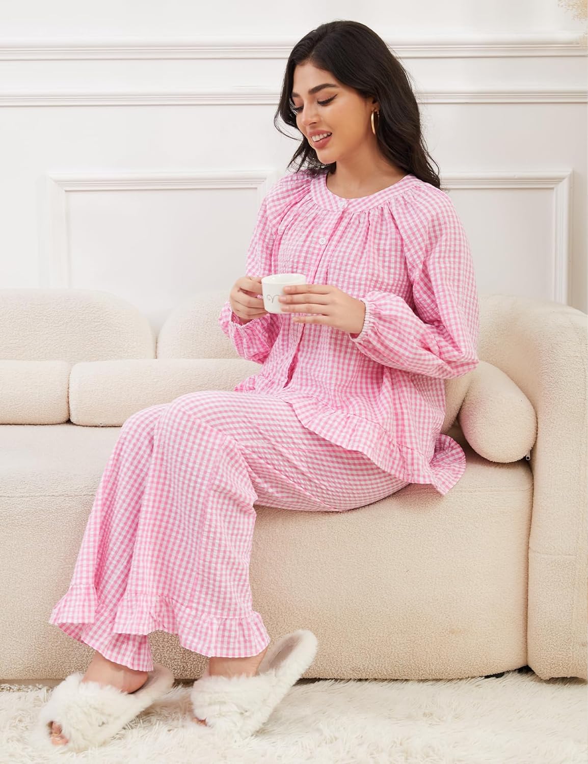 Arssm Womens Gingham Pajama Set 2 Piece Plaid Button Down Long Sleeve Shirt and Pants Pjs Lounge Set Outfits - Image 5