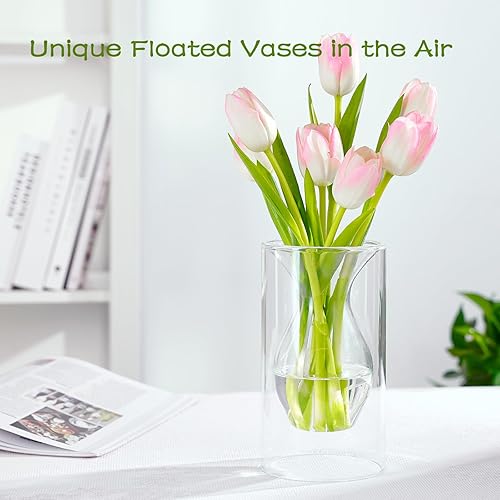 Miniatura 3 de ZENS Jarrón de flores pequeño único, moderno jarrón de vidrio transparente doble hueco, florero decorativo flotante soplado a mano para el hogar,