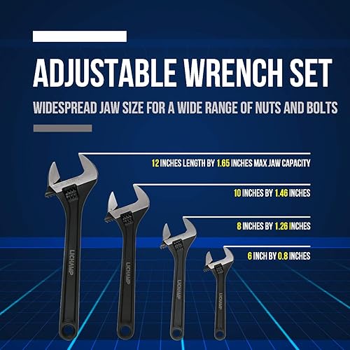 Miniatura 3 de Lichamp Juego de 4 llaves ajustables CR-V, de grado industrial, acero al cromo vanadio forjado con acabado de óxido negro, mandíbula ancha, 6, 8,