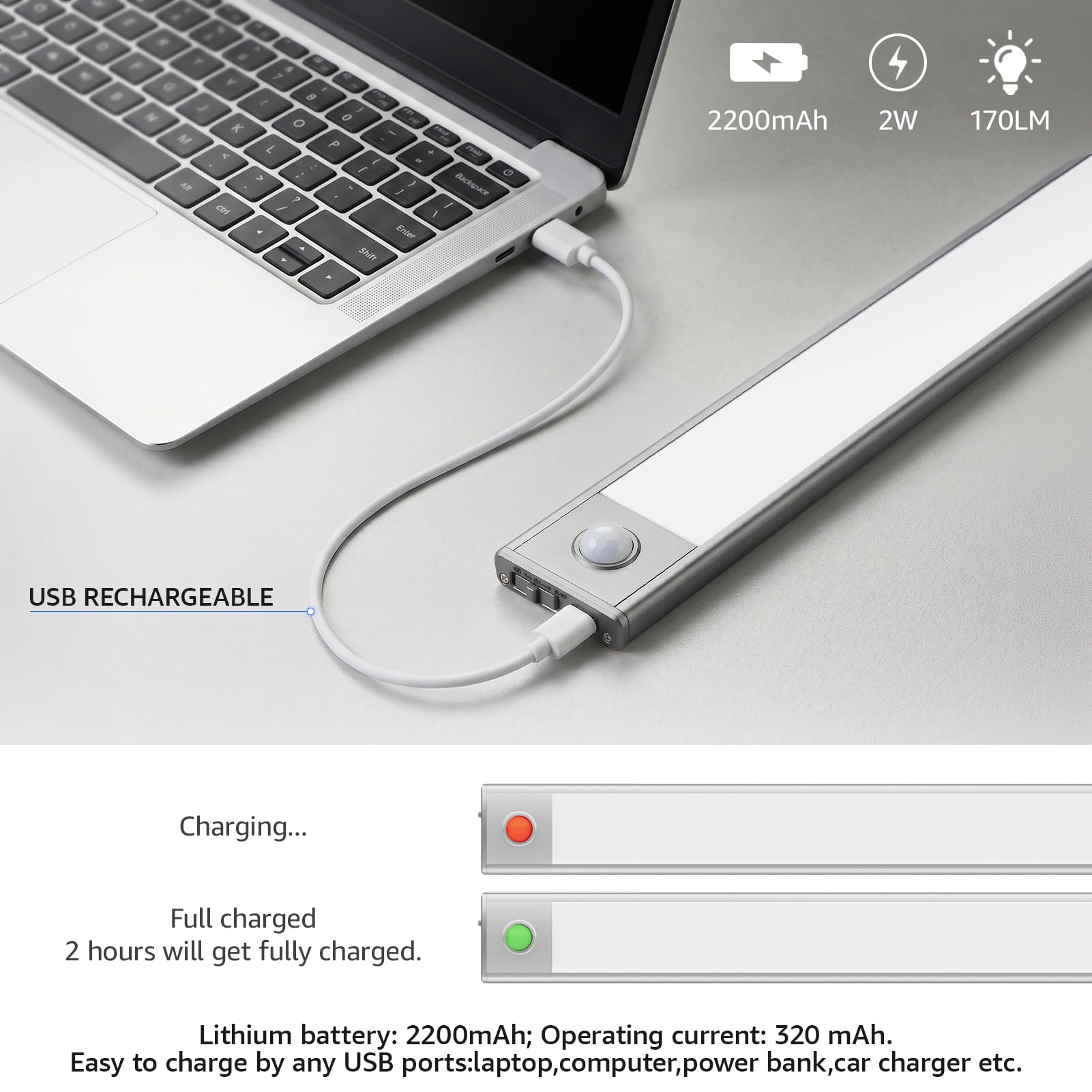 Klighten 2 Piezas Luz de Armario 40CM Recargable USB, Led Cocina Bajo mueble con Sensor Movimiento, 3 Modos, Luces Armario Adhesiva Magnetica Pilas, 73 LEDs, Blanco Cálido 3000K, 2200mah, Plata