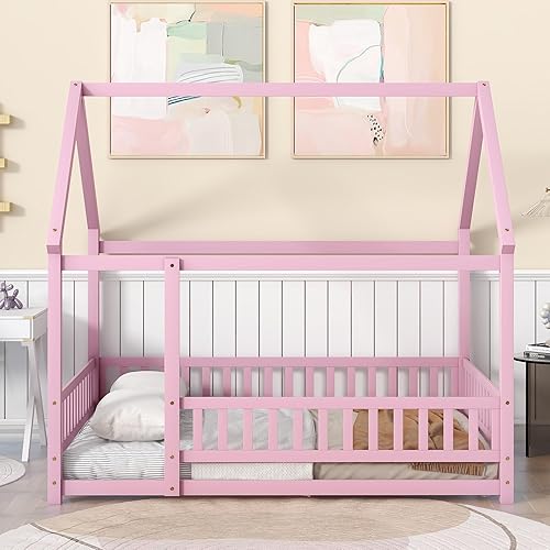 Miniatura 30 de Bellemave Cama Montessori de madera con valla y techo para niños, marco de cama individual para niños, niñas (individual, blanco)