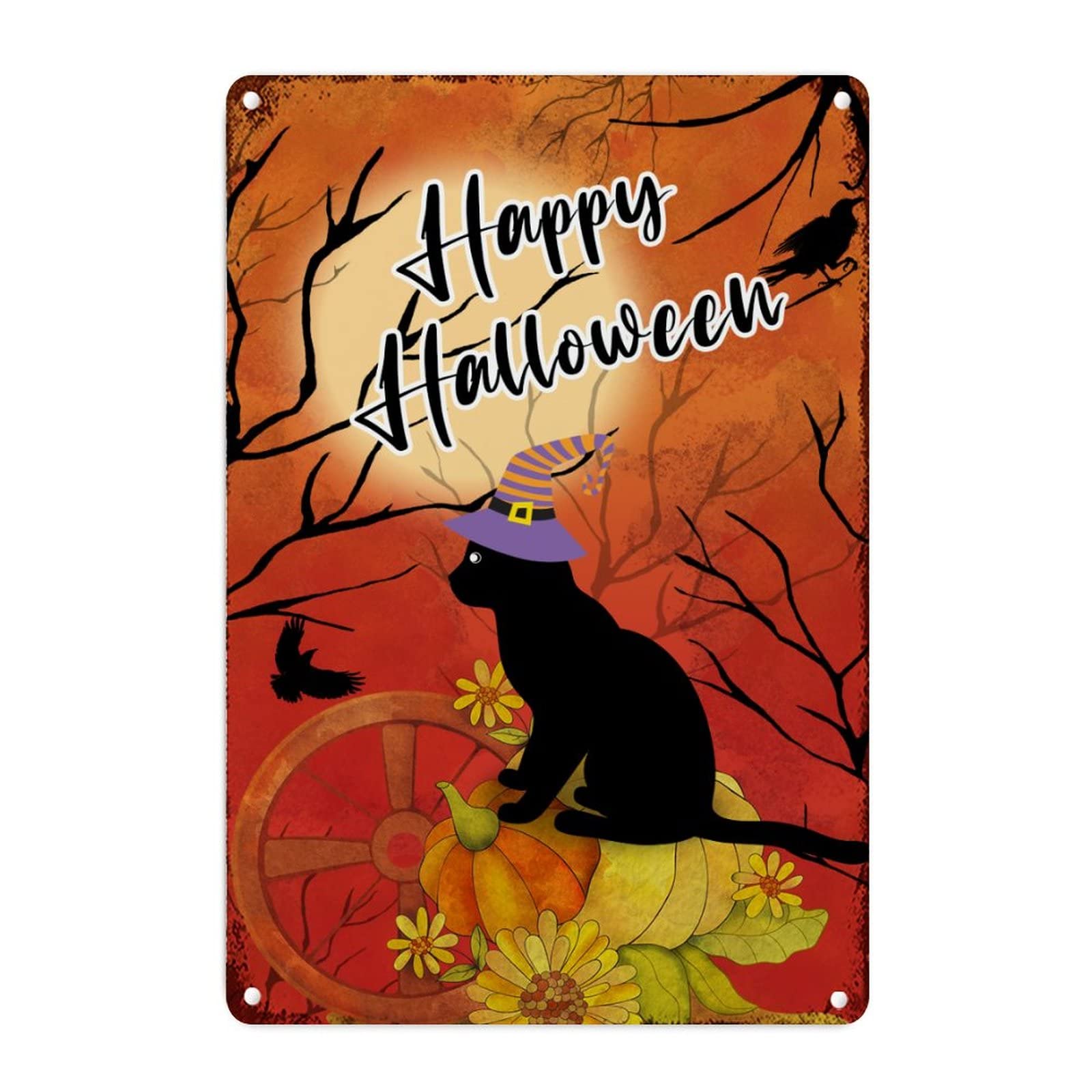 Plaque murale en métal Halloween chat noir et citrouille décorative en aluminium