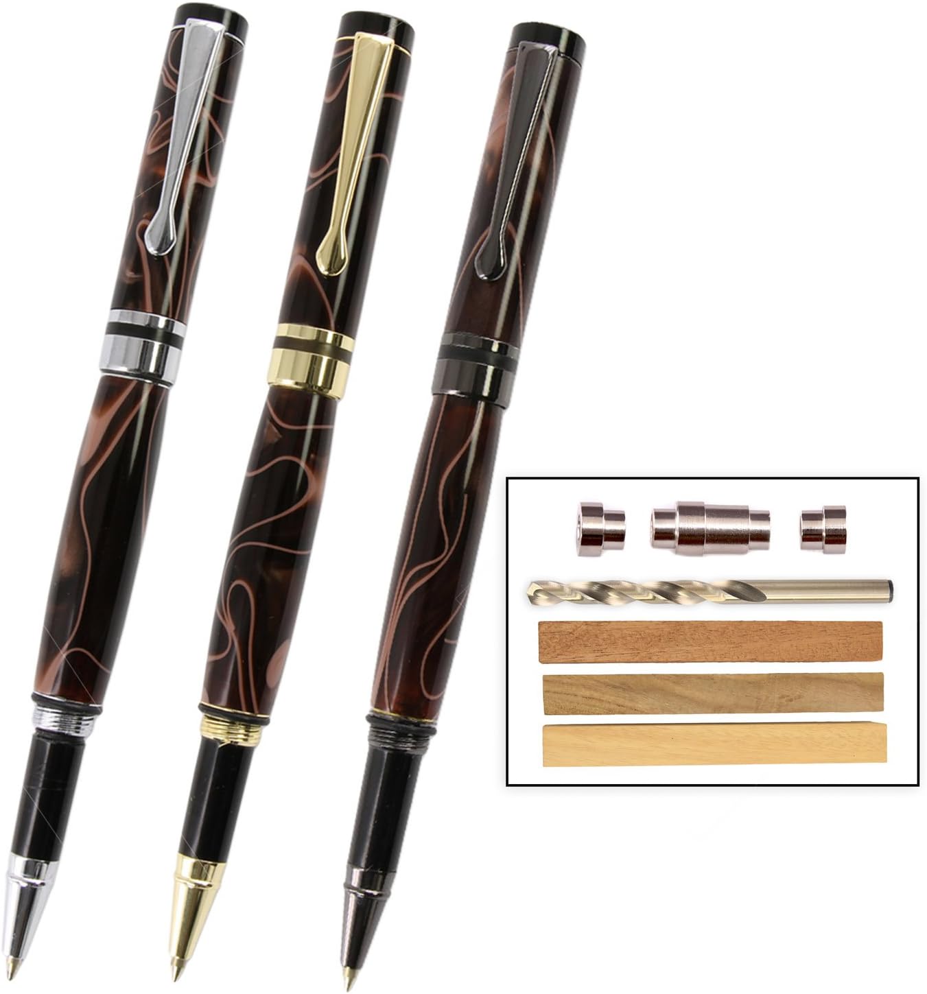 Classic Roller Ball Pen Kit Starter Pack with Bushings, Hurricane M42 Cobalt Drill Bit, Pen Kits, Wood Pen Blank Sampler Pack