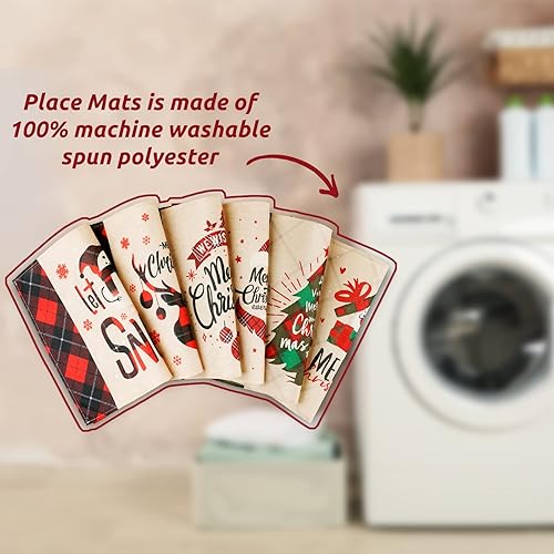 Miniatura 4 de NiHome Manteles individuales de lino con texto en inglés "Merry Christmas", paquete de 6 manteles individuales para mesa de comedor, varios patrones