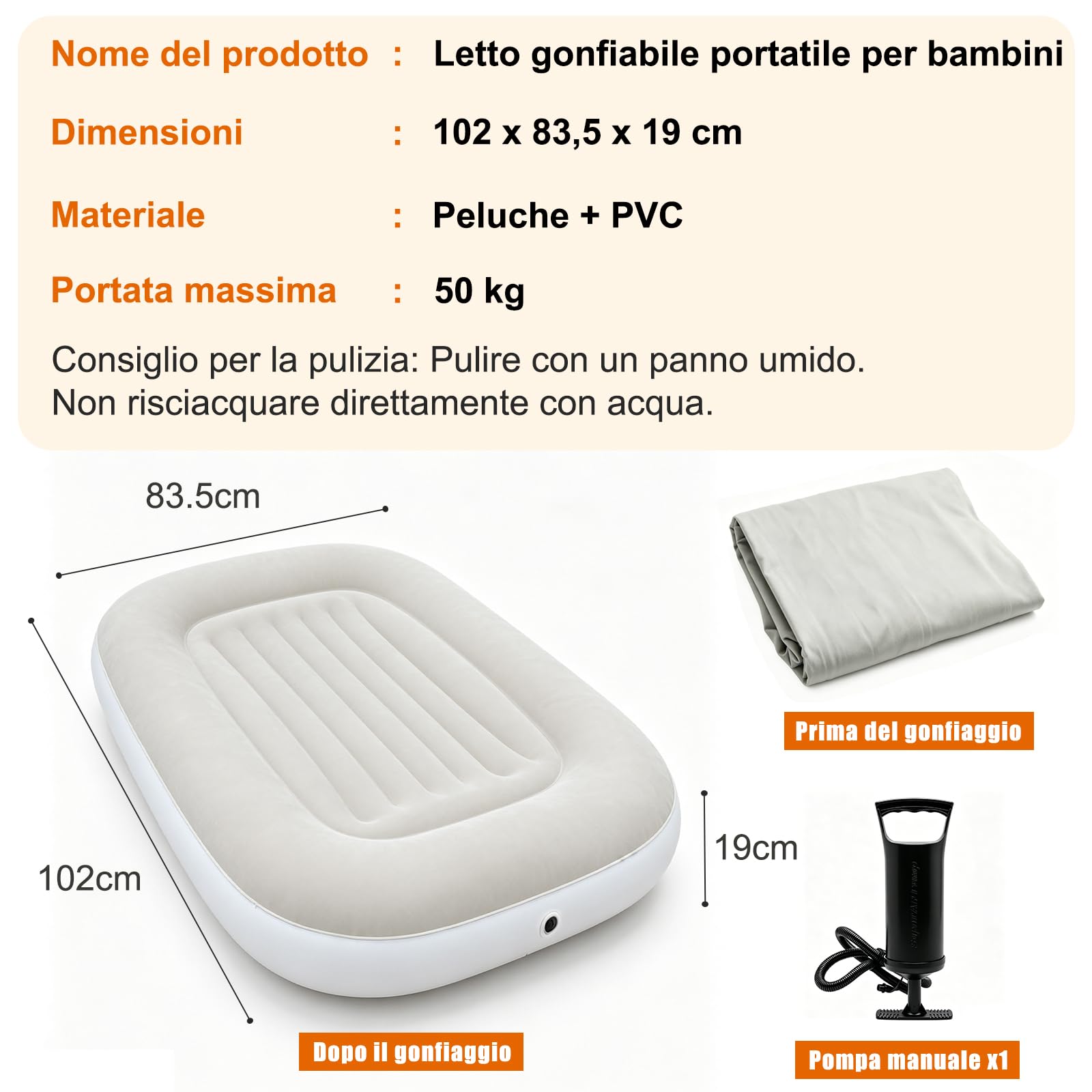 Lettino gonfiabile per bambini, materasso ad aria portatile per bambini con pompa a mano