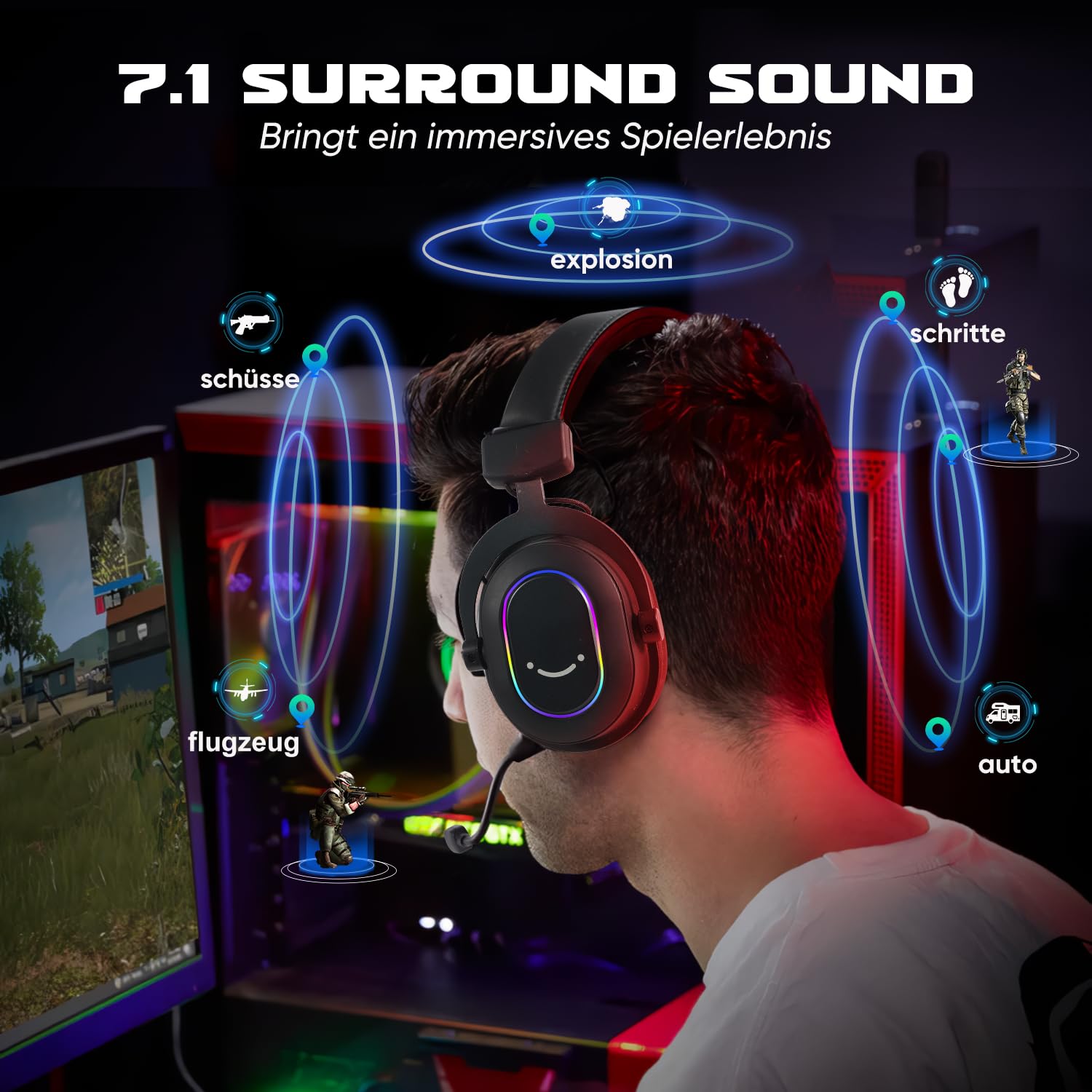 FIFINE Gaming Headset mit Mikrofon, Over Ear Kopfhörer mit Kabel, USB Headset für PC PS4 PS5, RGB Headphone mit 3 EQ-Modi, Surround Sound und Ohrpolster