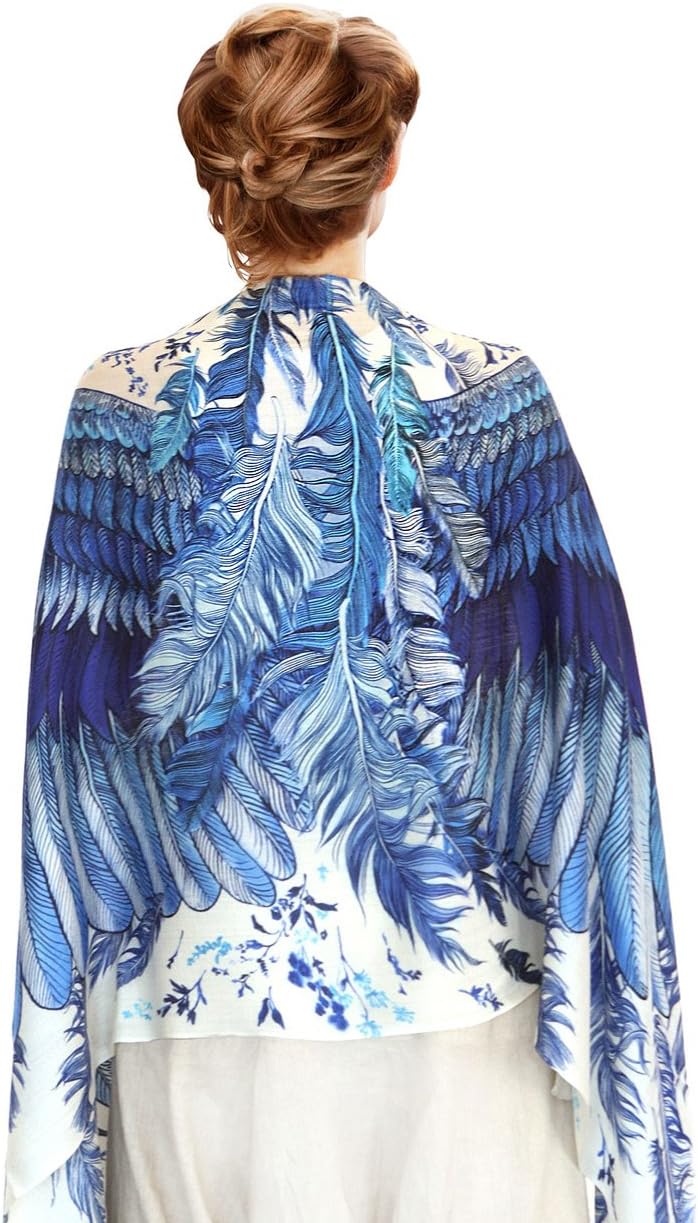 Designer Blue Silk & Cashmere Scarf With Wide Spread Bird Feather Wings (Blue Wings)