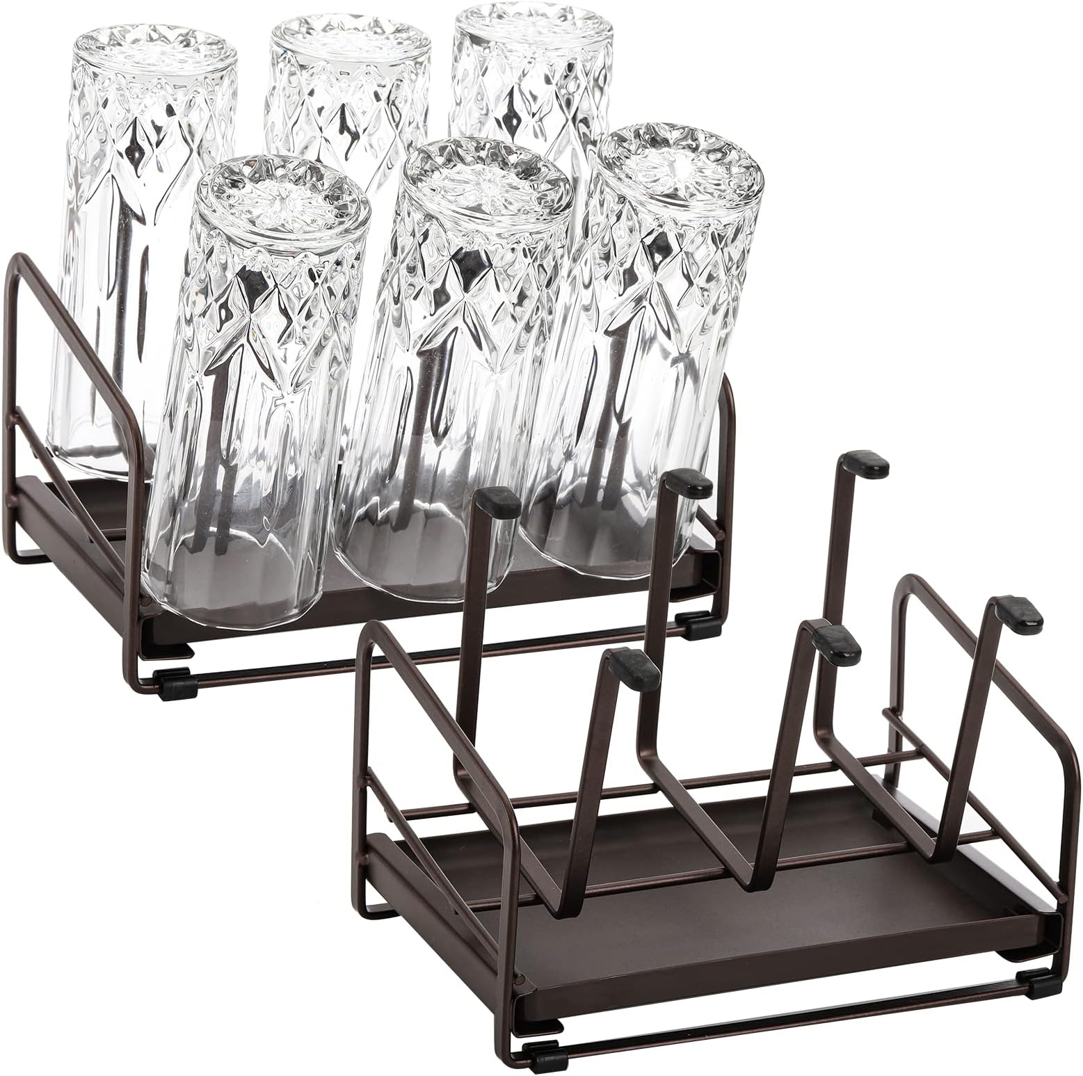 Lyellfe 2 Pack Cup Drying Rack, Brown 6 Cup Glass Bottle Holder with Drain Tray and Silicone Protective Hooks, Non Slip Countertop Cup Holder Mug Organizer Tree for Glasses, Coffee Mug