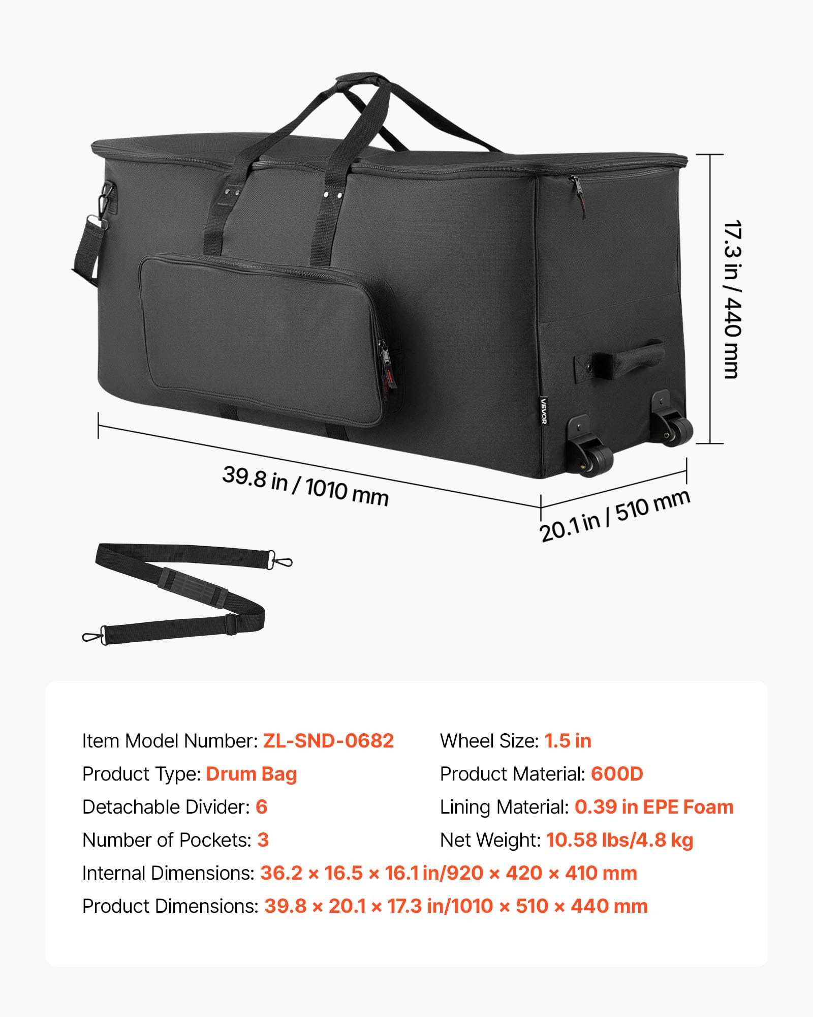 VEVOR Sac à Roulettes pour Batterie Électronique, 600D, Housse de Transport Rembourrée, Intérieur 92x42x41 cm, Séparateurs Amovibles, Noir