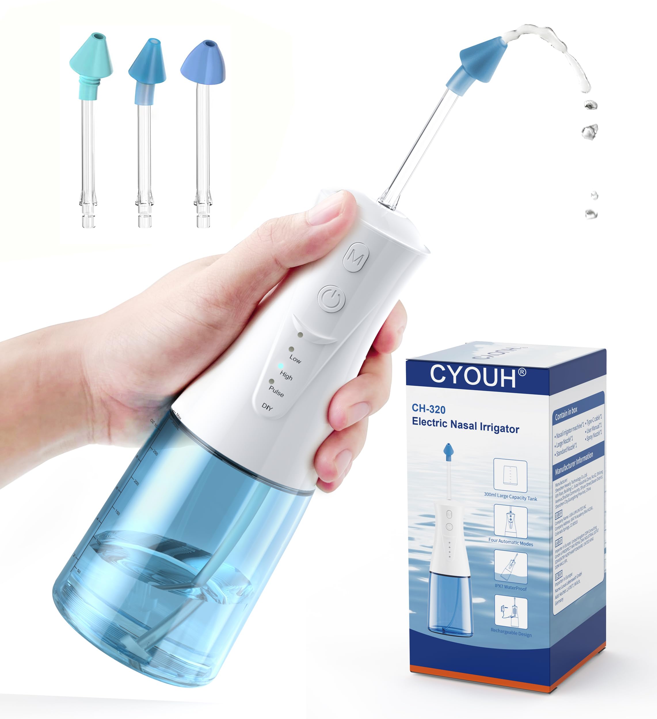 CYOUH Nasal Irrigation System, Electric Neti Pot Sinus Rinse Machine for Nasal Care Neti Pot 300 ml, with 3 Nasal Tips