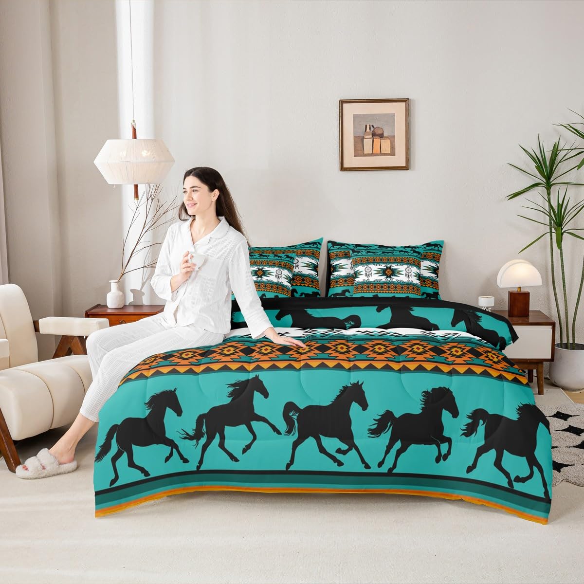 Feelyou Juego de edredón bohemio con sábanas, tamaño matrimonial, ropa de cama azteca nativa del suroeste en una bolsa, juego de ropa de cama de 7 piezas, juego de cama de caballos, decoración de
