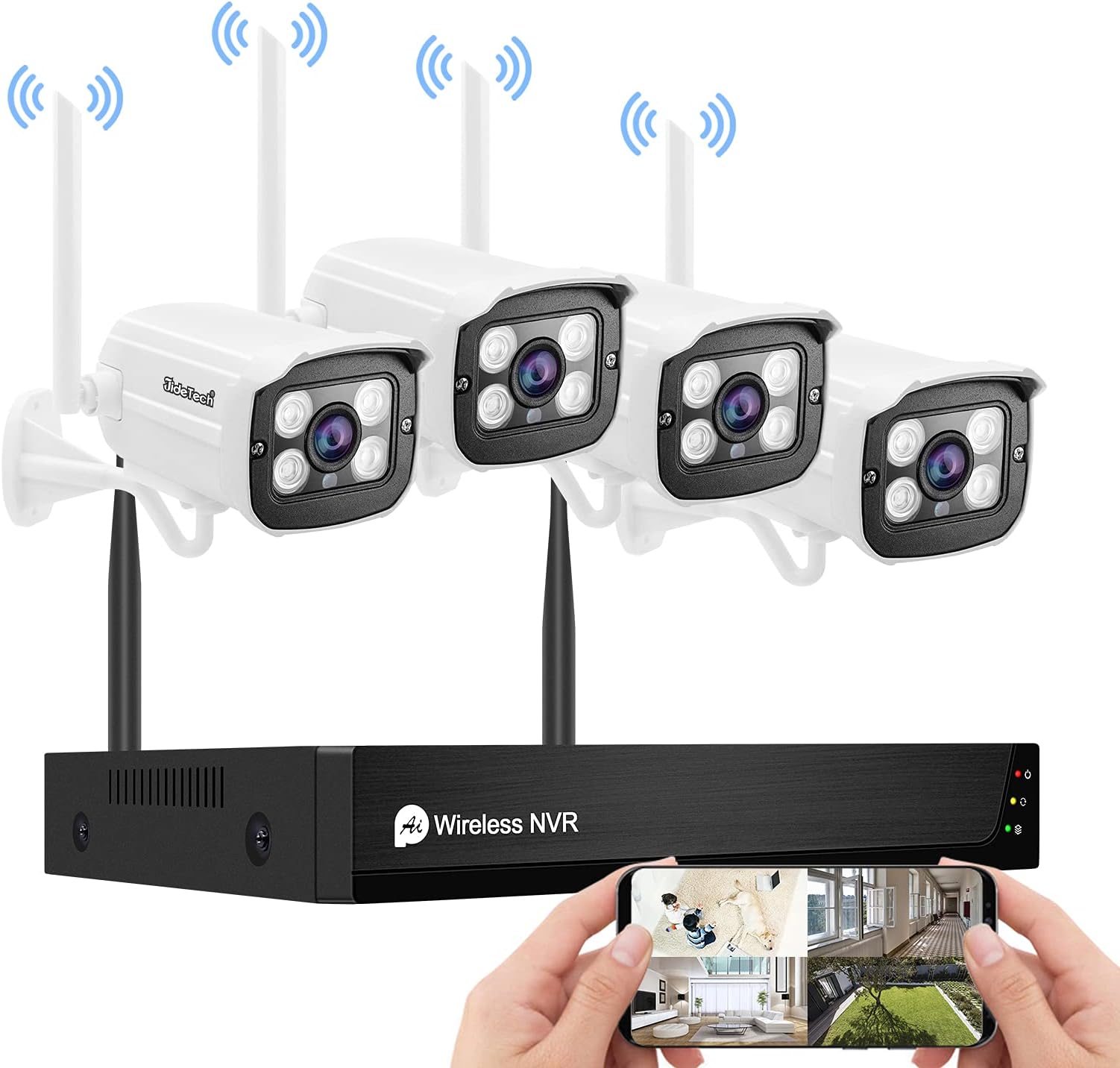 JideTech Home Security Camera System Outdoor, 8 Channel Wireless WiFi Complete Surveillance Cameras System, 1080P HD Bullet Camera NVR with Night Owl, Motion Activated - 4 Camera Without Hard Drive