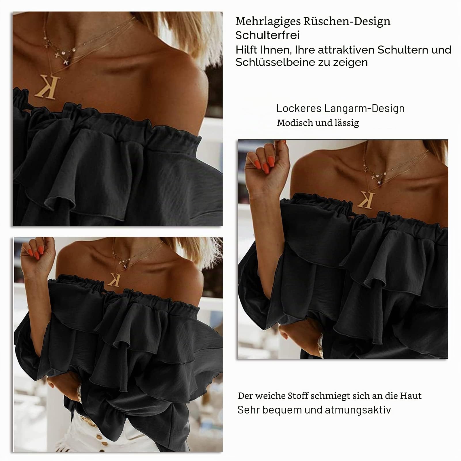 Damen Schulterfrei Oberteile 3/4 Geschichtete Rüschenärmel Rückenfrei T-Shirts Elegant Bluse Tops(m-Schwarz)