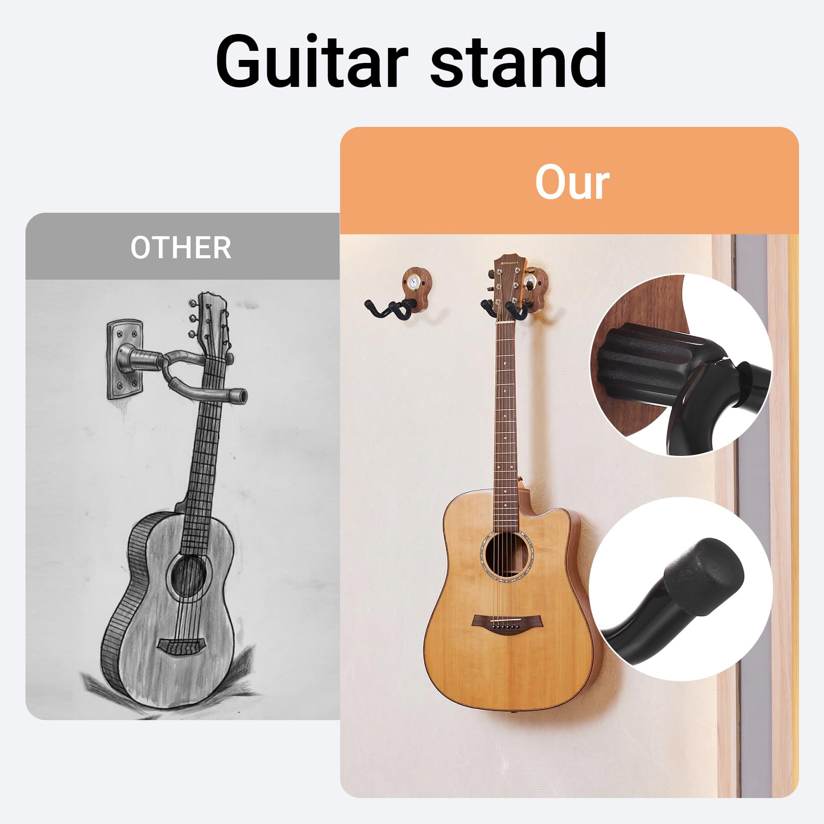Gitaar Wall Mount, Gitaar Wandhanger haak Beugel Houder voor Akoestische en Elektrische Gitaren Bas Banjo Mandoline, Zwart Walnoot Hout Base-Brown Silicone van VEINTICO