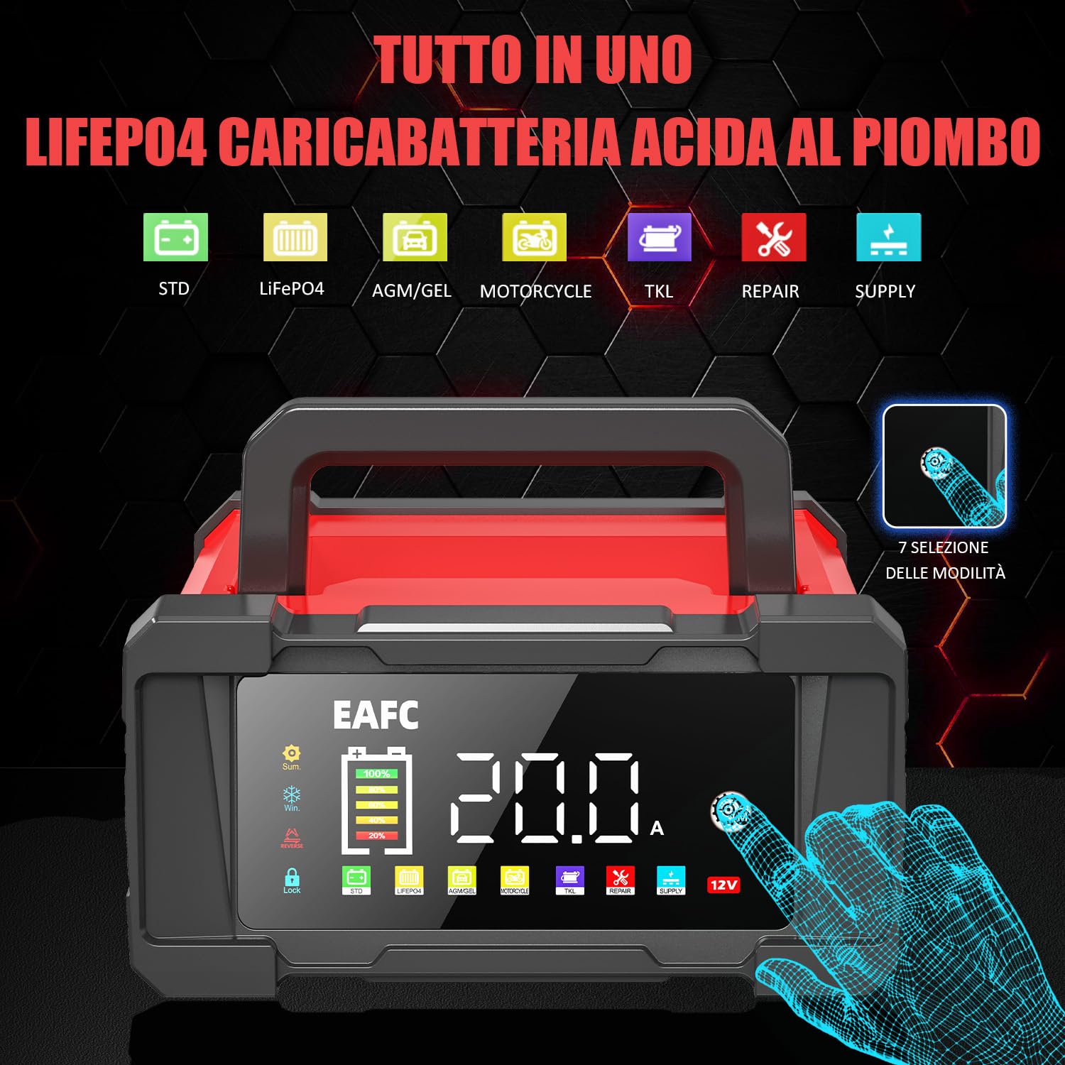 Caricabatterie portatile da 20 A, 12 V/24 V, ricarica a 9 livelli, modalità di riparazione, caricabatterie per STD, AGM, EFB, gel, SLA, LiFePO4, veicoli a motore, moto