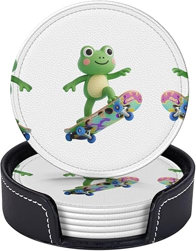 Miniatura 5 de Drink Coasters Set of 6, Skateboard Printed PU Leather Round Coaster with Holder for Outdoor, Office, Bar, Funny Heat-Resistant Home Desk Decor