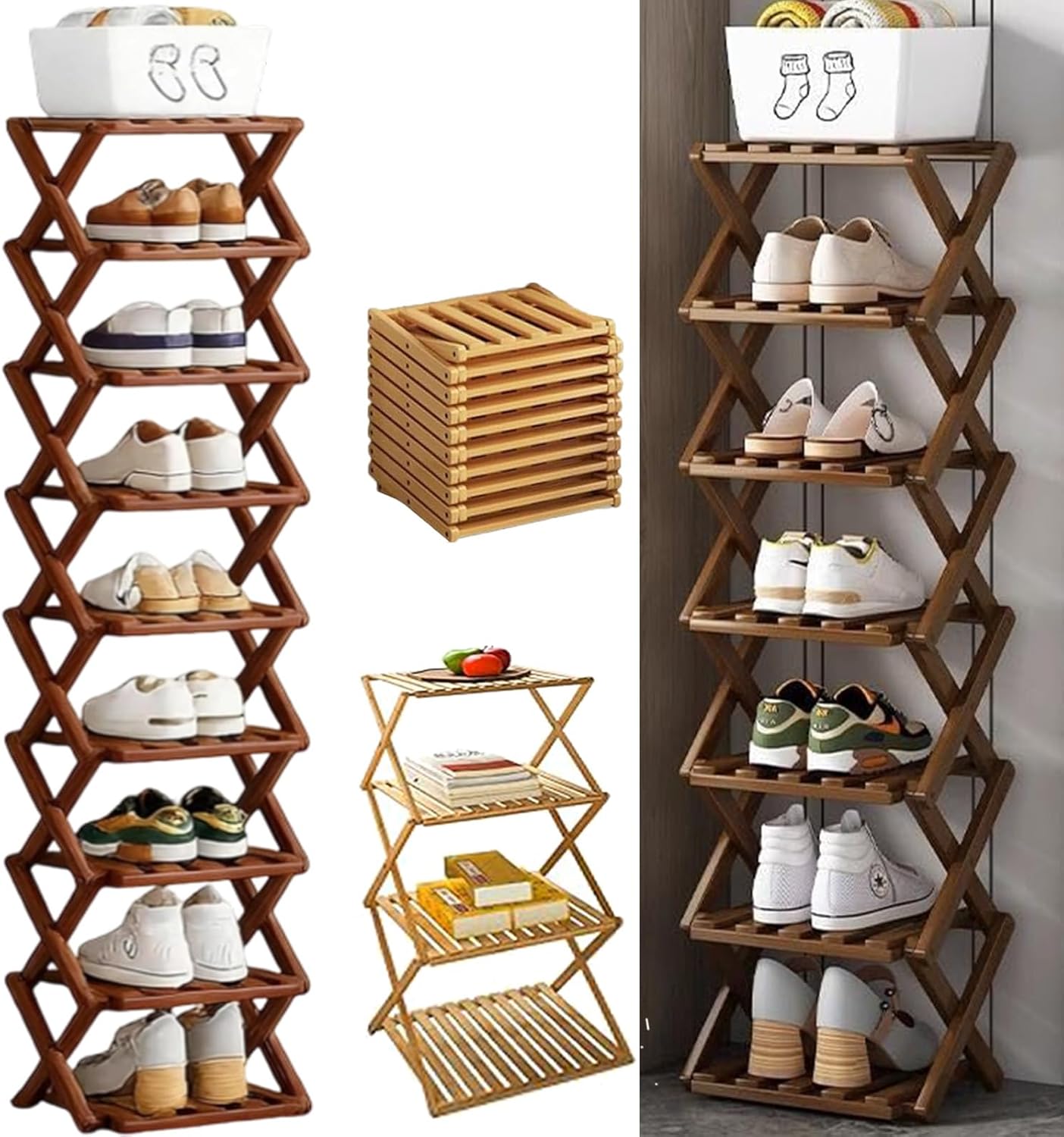 The 9-Tier No-Assembly Bamboo Shoe Rack, 2026 New Foldable 6/7/8/9 Tier Corner Shoe Rack, Vertical Shoes Organizer Tall for Small Spaces, Narrow Shoe Shelf for Entryway, Closet, Bedroom, Hallway